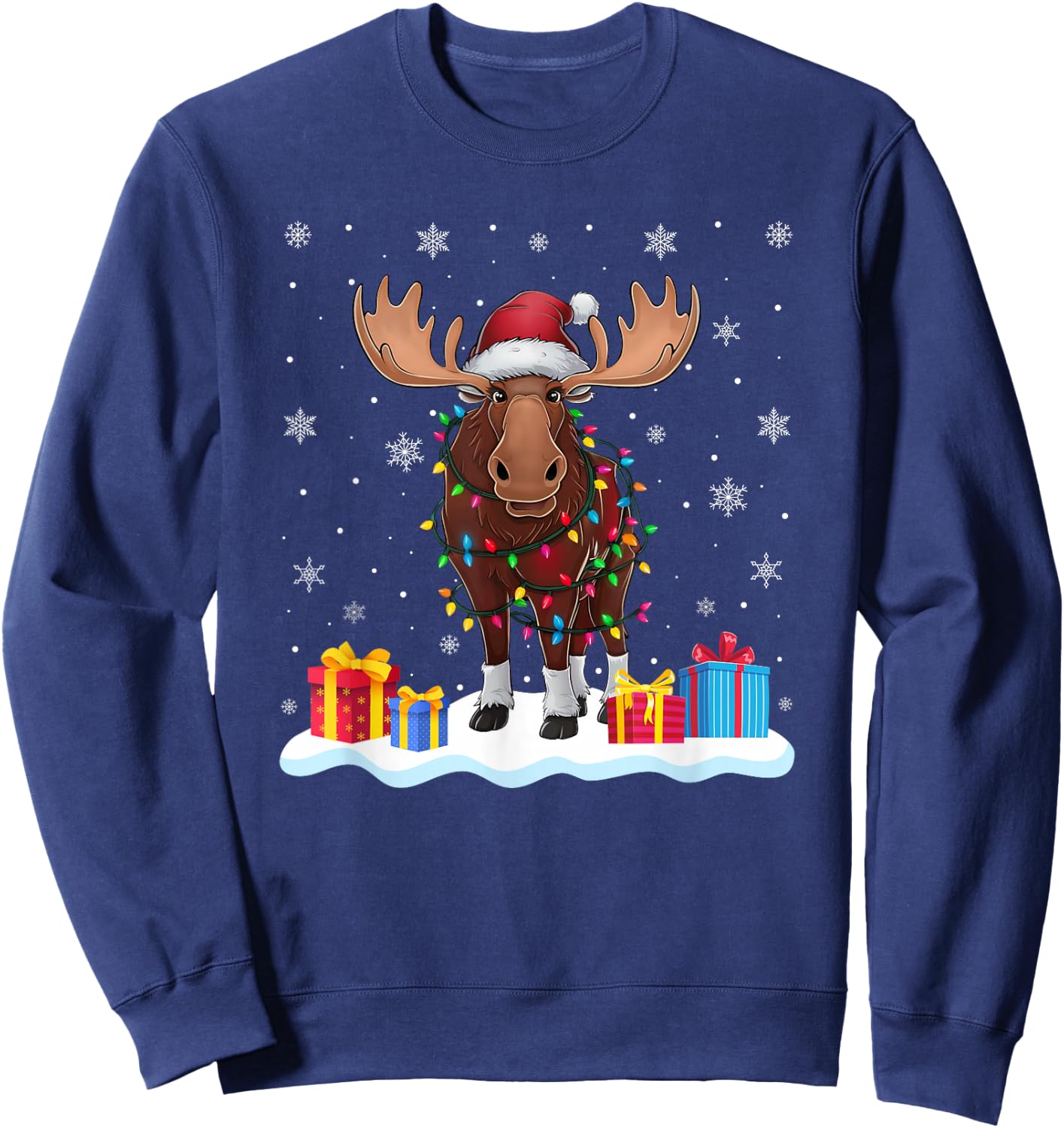 Moose Santa Hat Christmas Tree Light Xmas Pajama Sweatshirt - Sweatshirt | Navy