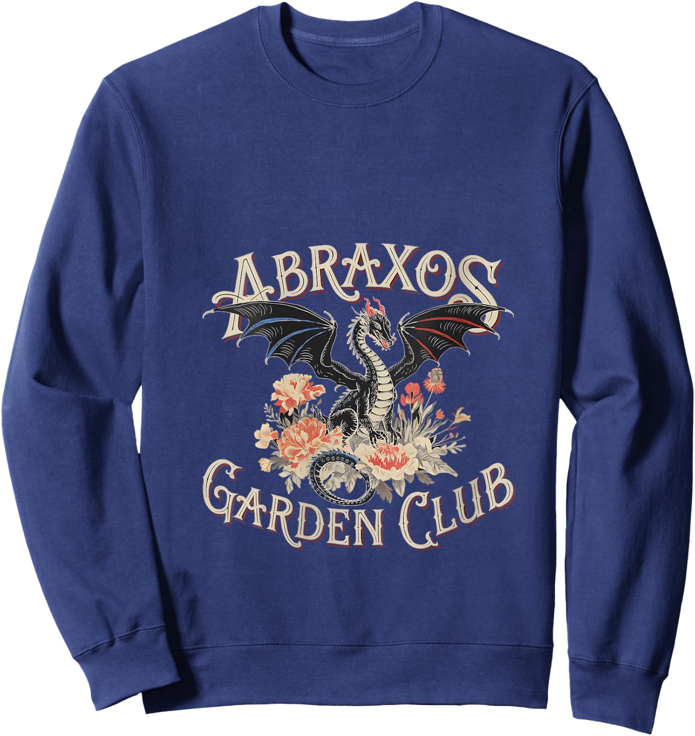Abraxos Garden Club Dragon Vintage Fantasy Floral Design V-Neck Sweatshirt - Sweatshirt | Navy