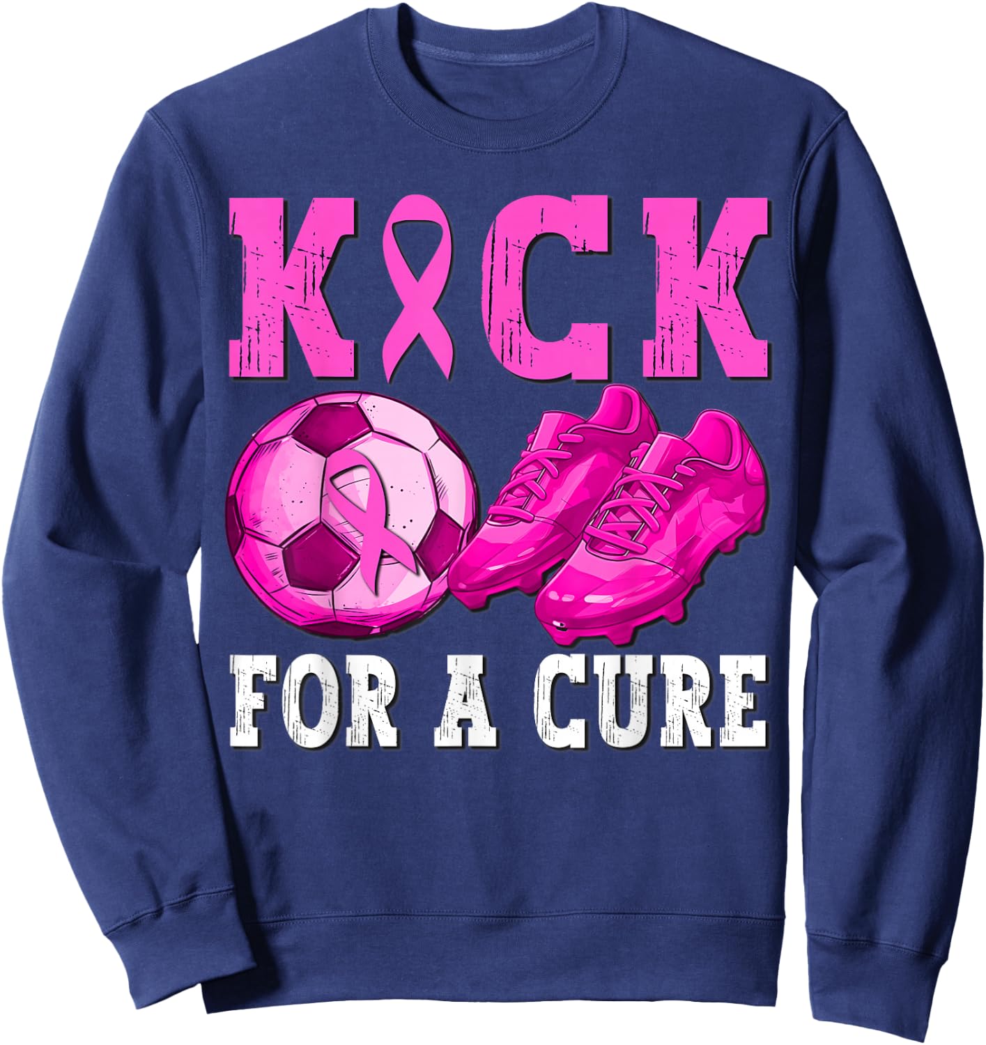 Kick For a Cure Breast Cancer Awareness Soccer Ball Ribbon Sweatshirt - Sweatshirt | Navy