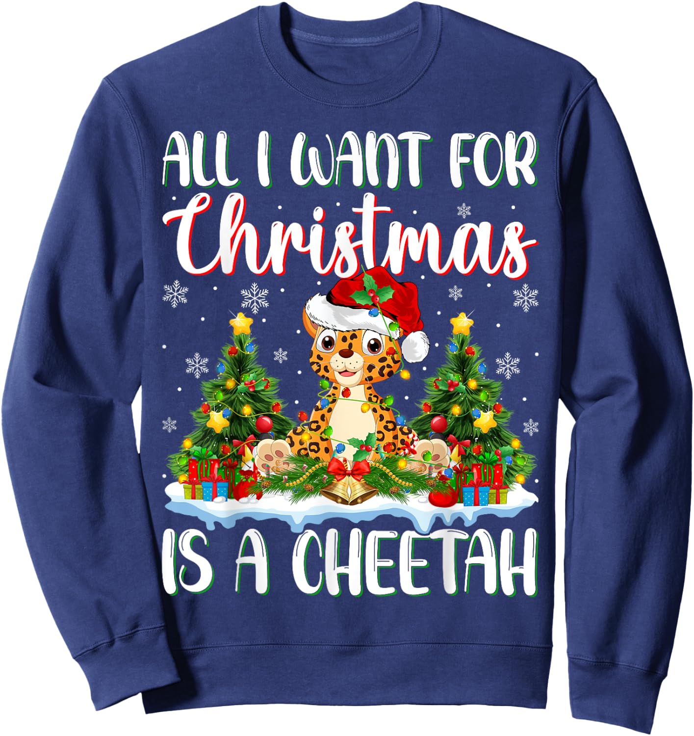 I Want For Christmas Is A Cheetah Xmas Tree Lights Sweatshirt - Sweatshirt | Navy