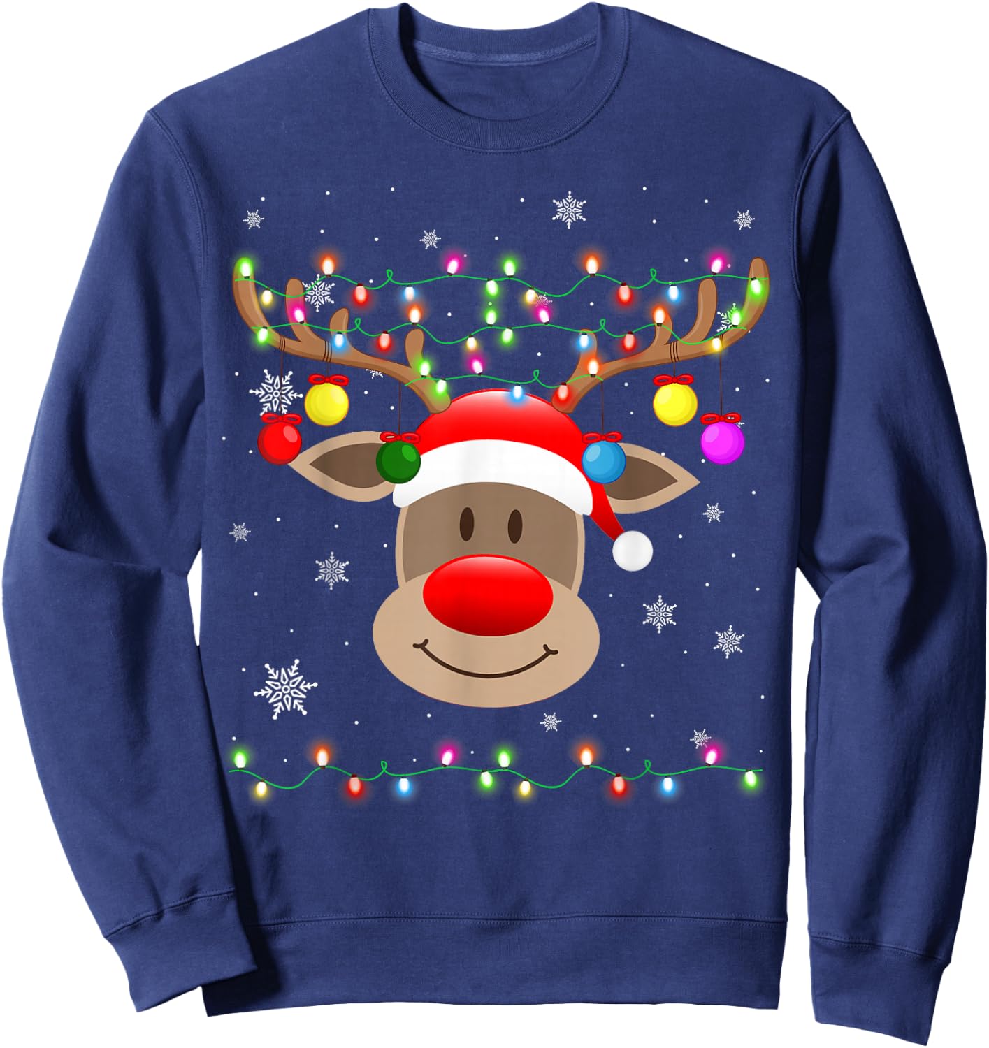 Red Nose Reindeer Snowflakes Chirstmas Lights Sweatshirt - Sweatshirt | Navy