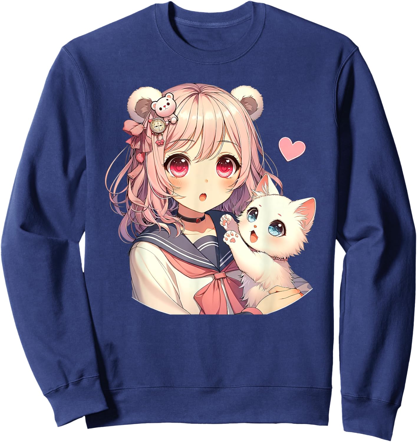 Anime Kawaii, girl with cute cat, adorable pink design, Otaku , Black, S Sweatshirt - Sweatshirt | Navy