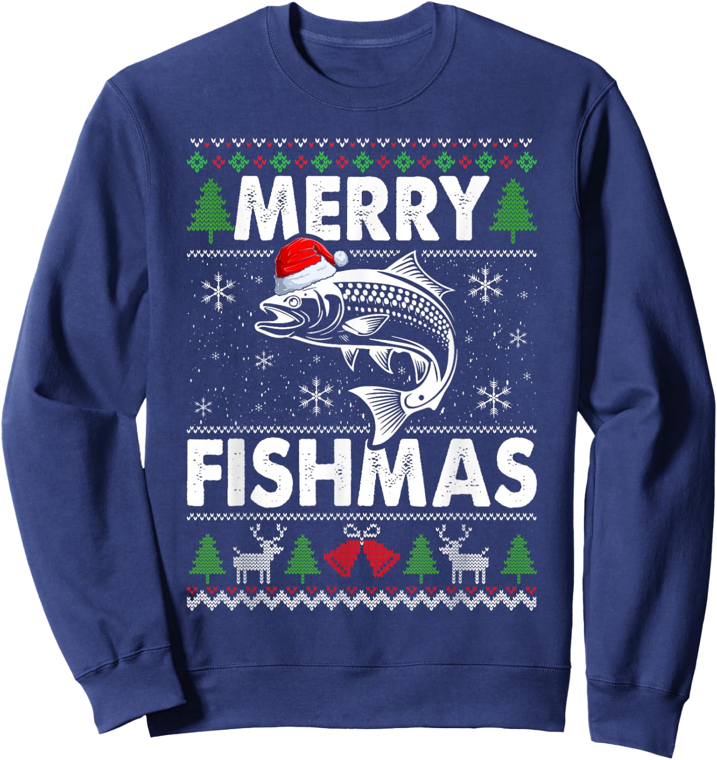 Merry Fishmas Fisherman Fishing Ugly Christmas Sweatshirt - Sweatshirt | Navy