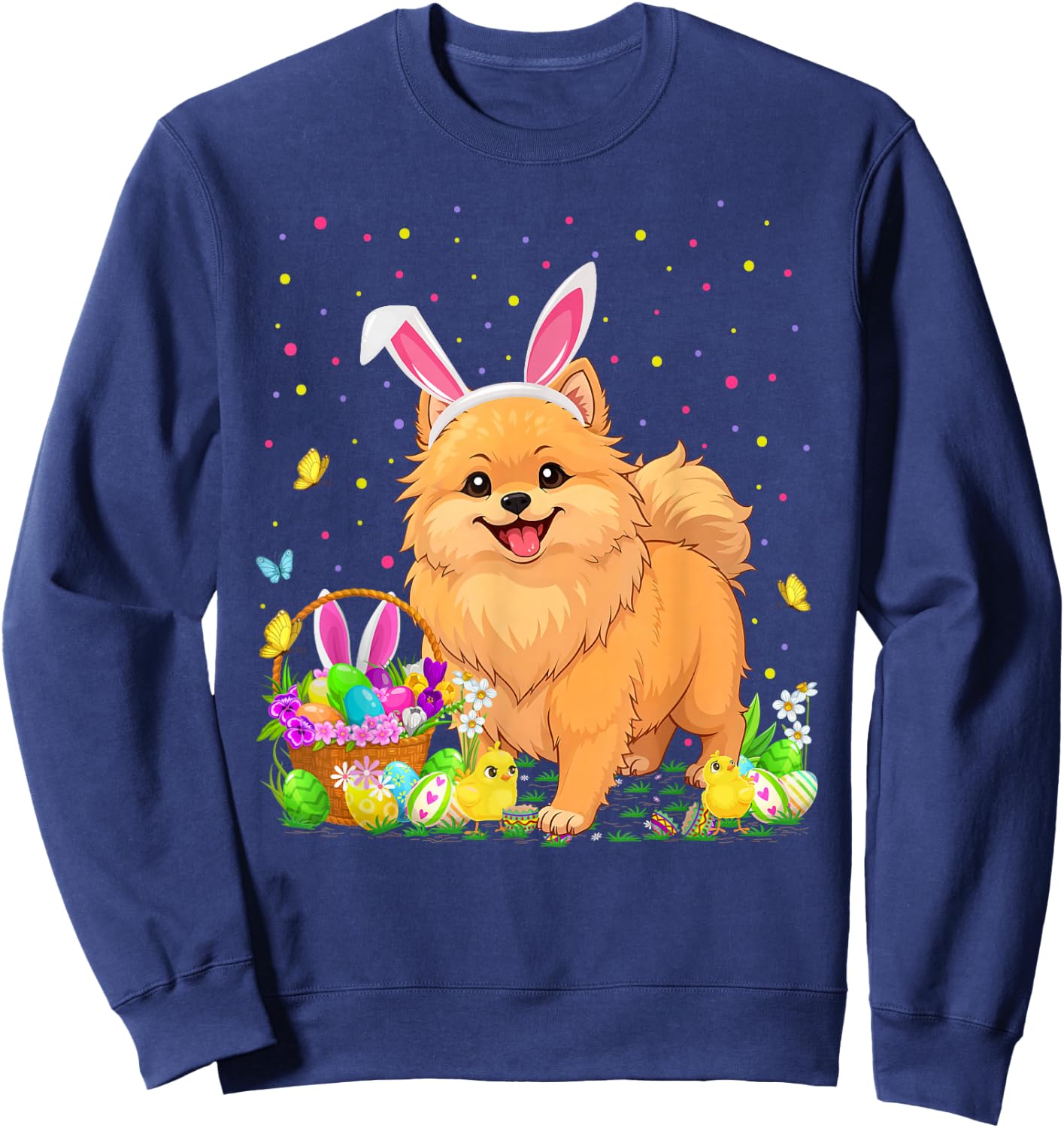 Pomeranian Dog Easter Egg Hunt Bunny Ear Pomeranian Easter Sweatshirt - Sweatshirt | Navy