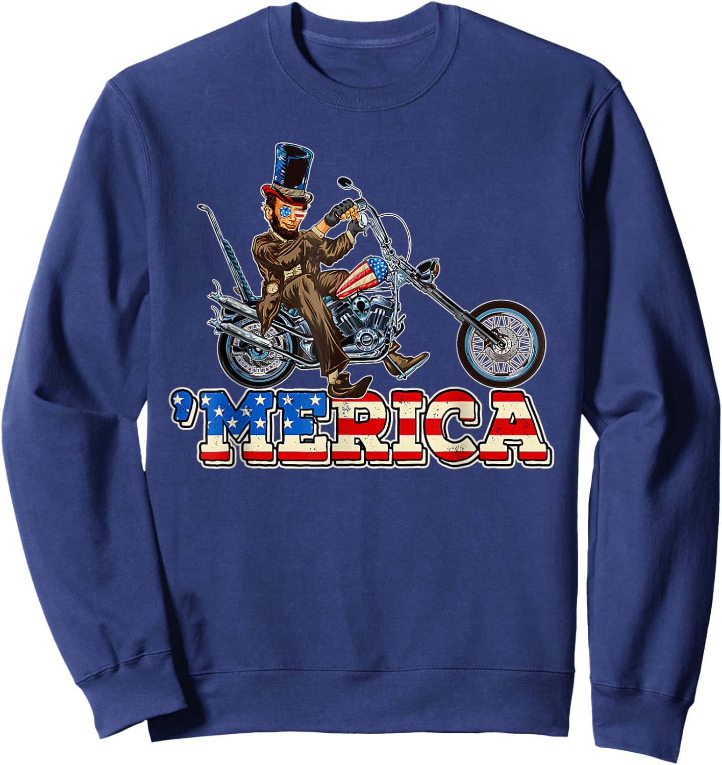 4th of July Themed Abe Lincoln riding a Chopper motorcycle Kids Men Sweatshirt - Sweatshirt | Navy
