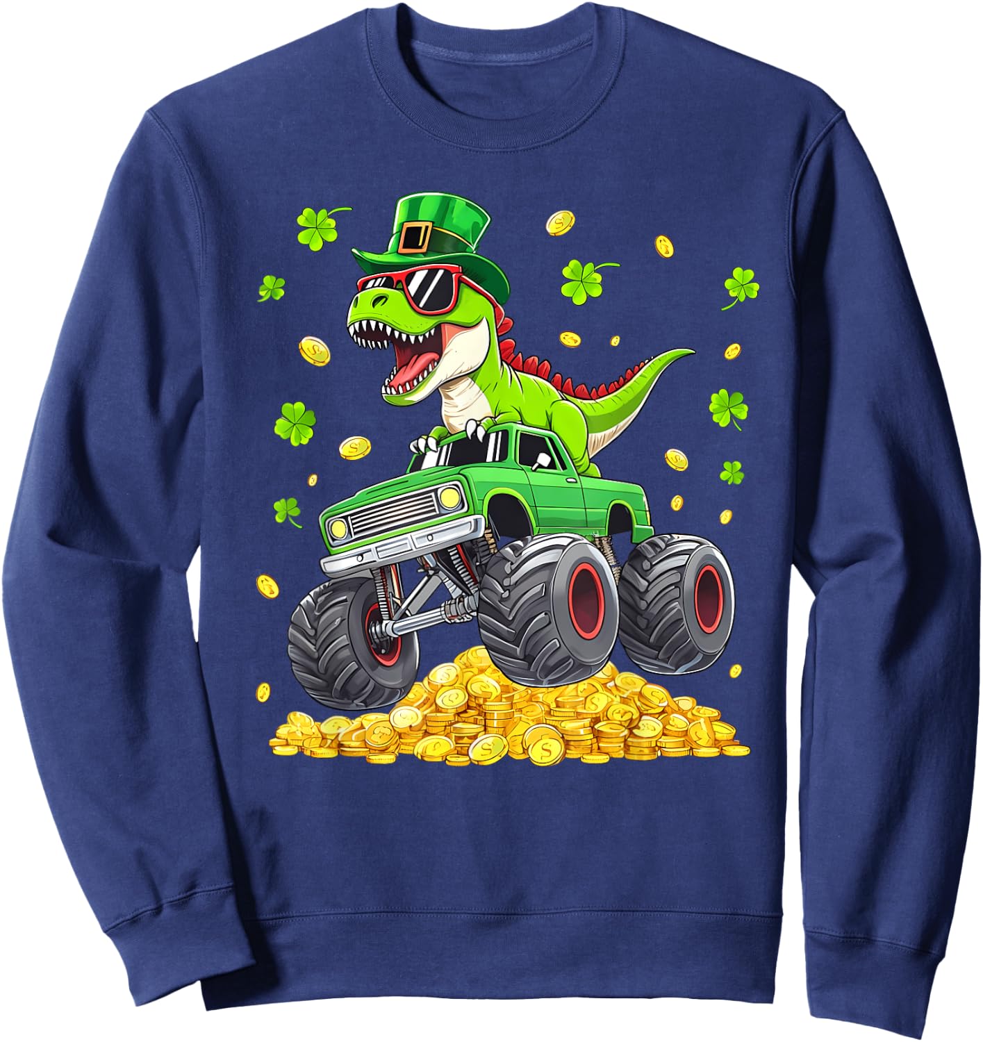St Patricks Day Dinosaur T-rex Monster Truck Pattys Boy Men Sweatshirt - Sweatshirt | Navy