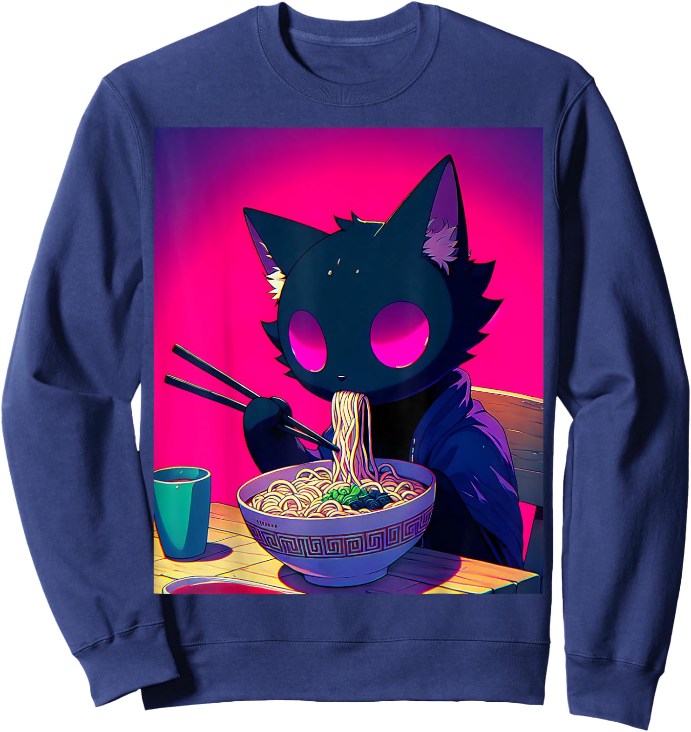 Void Black Cat Eating Ramen Anime Cat Gifts Men Women Kids Sweatshirt - Sweatshirt | Navy