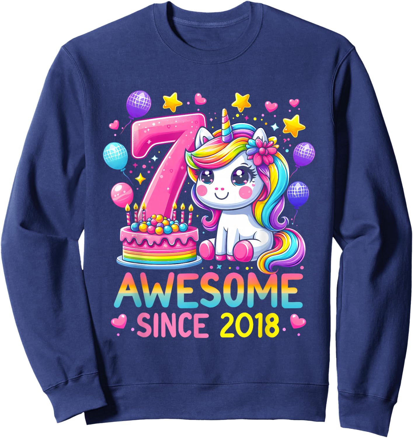 Unicorn 7th Birthday 7 Year Old Party Awesome Since 2018 Sweatshirt - Sweatshirt | Navy