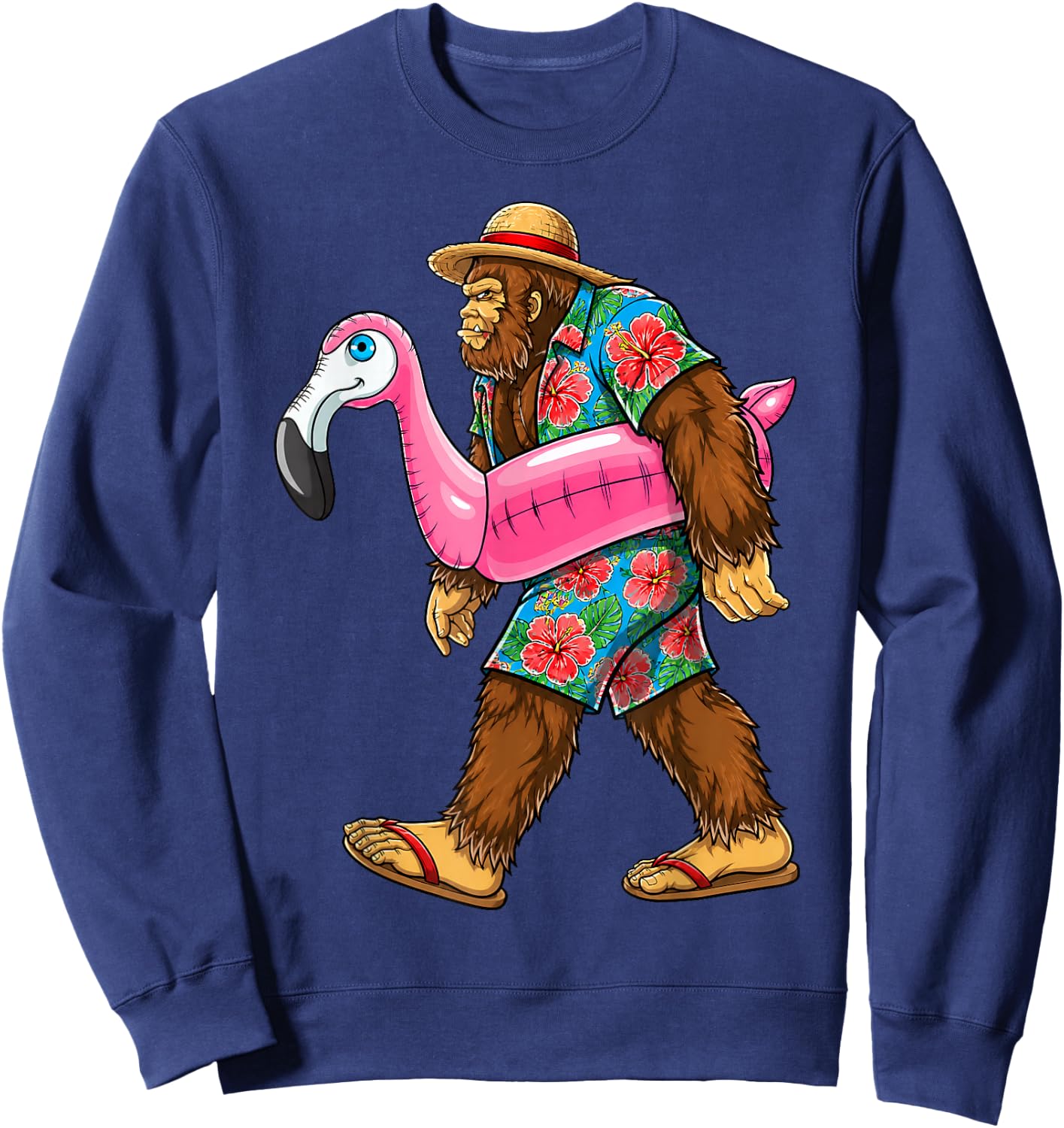 Bigfoot Flamingo Sasquatch Summer Pink Float Pool Party Sweatshirt - Sweatshirt | Navy