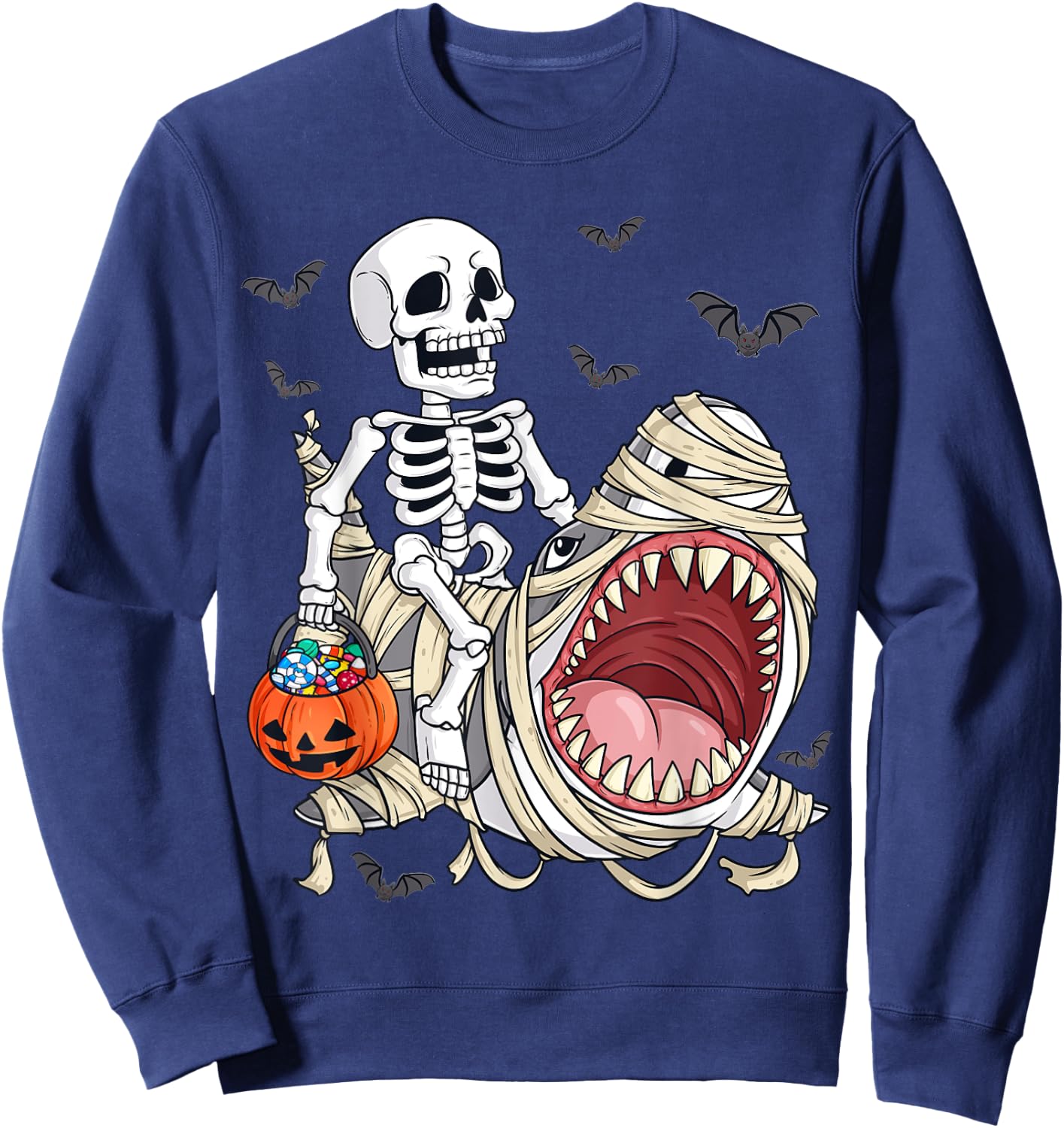 Skeleton Riding Mummy Shark Funny Halloween Pumpkin Kids Sweatshirt - Sweatshirt | Navy