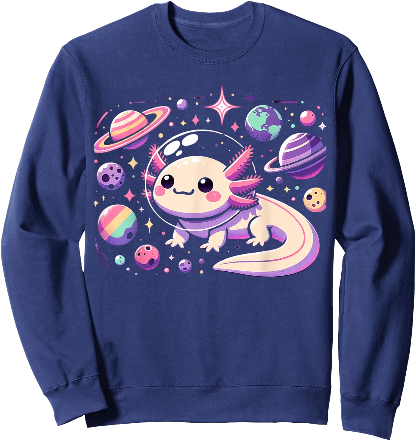 Kawaii Axolotl in Space with Planets Stars Anime Aesthetic Sweatshirt - Sweatshirt | Navy