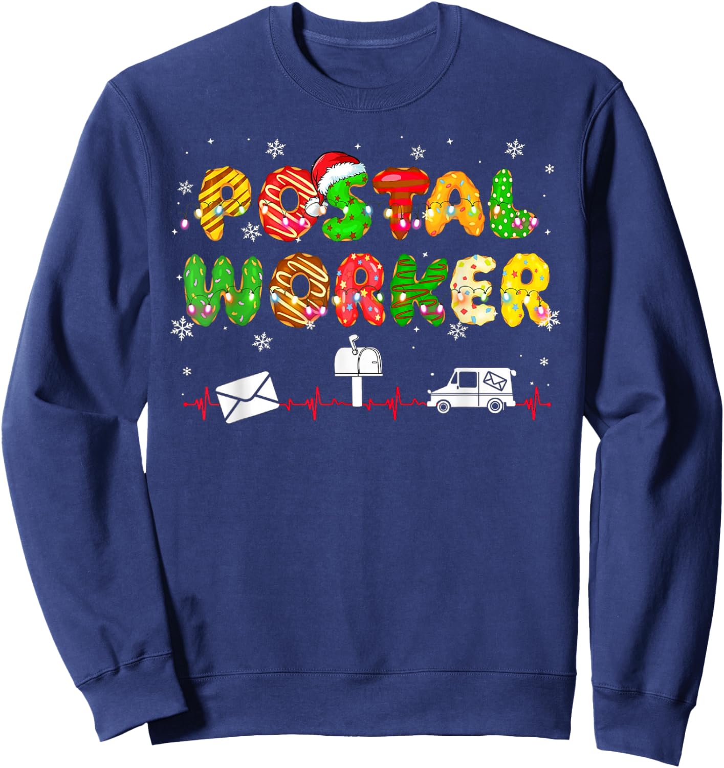 Funny Xmas Lights Postal Worker Life Heartbeat Christmas PJ Sweatshirt - Sweatshirt | Navy