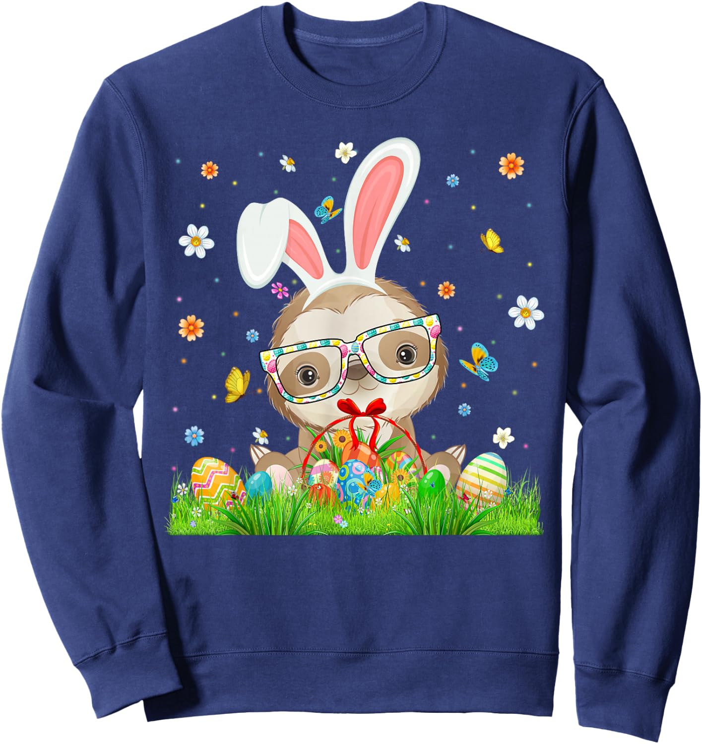 Cute Bunny Sloth & Easter Egg Basket Happy Easter Day Kids Sweatshirt - Sweatshirt | Navy