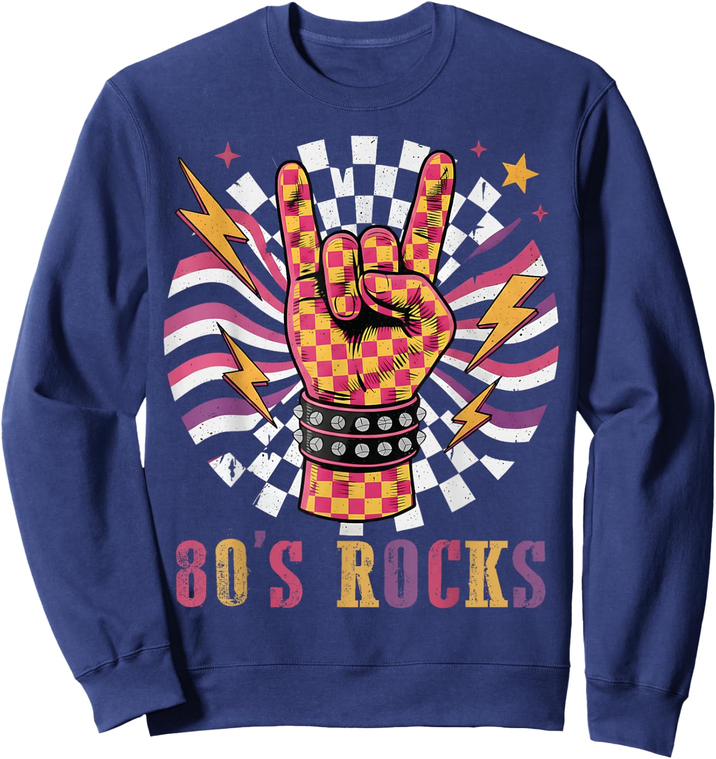 Checkered 80s Rocks Retro Vintage 1980s Rock & Roll Music Sweatshirt - Sweatshirt | Navy