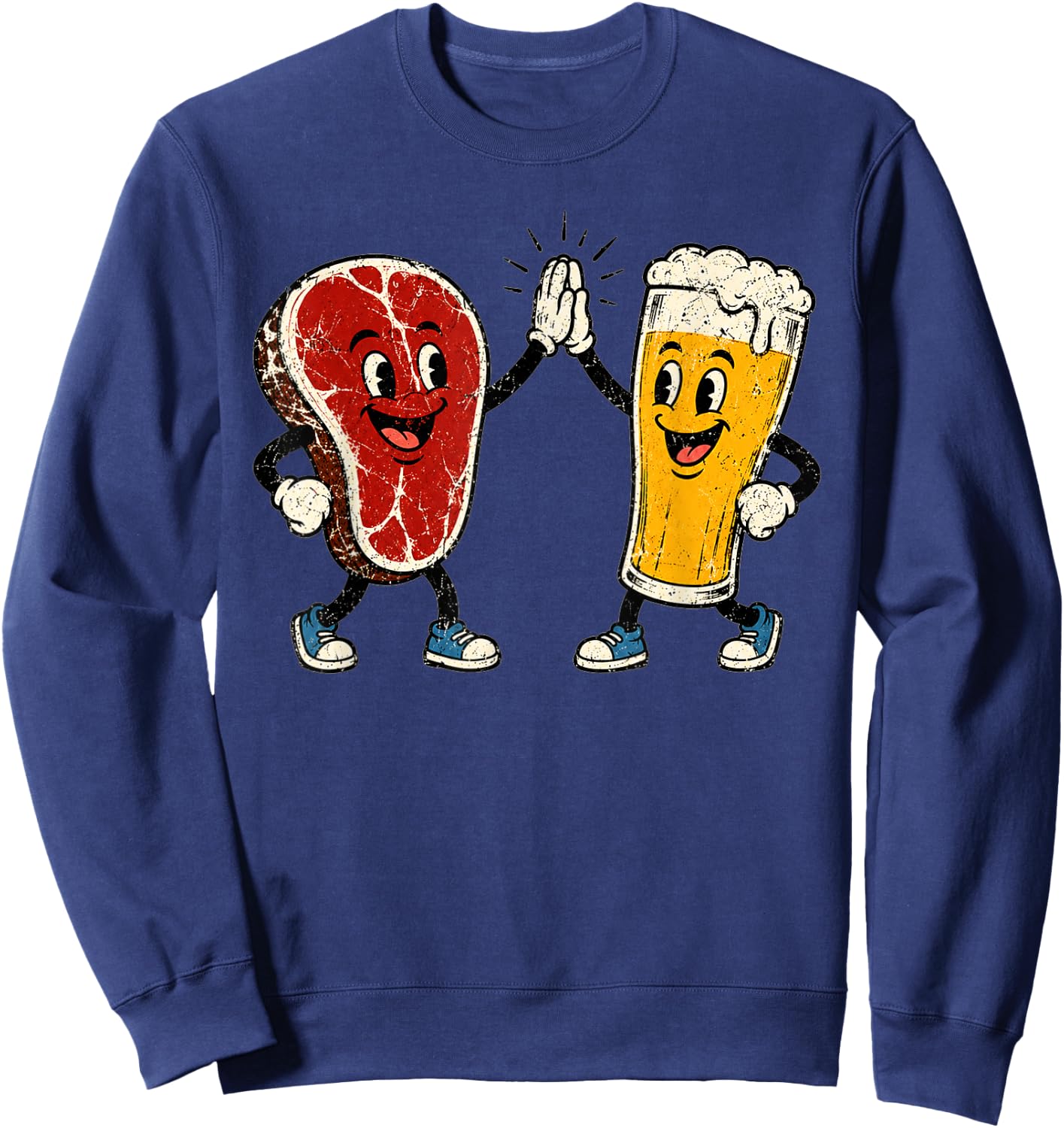 Steak and Suds Funny Steak Beer Retro Cartoon High Five Food Sweatshirt - Sweatshirt | Navy