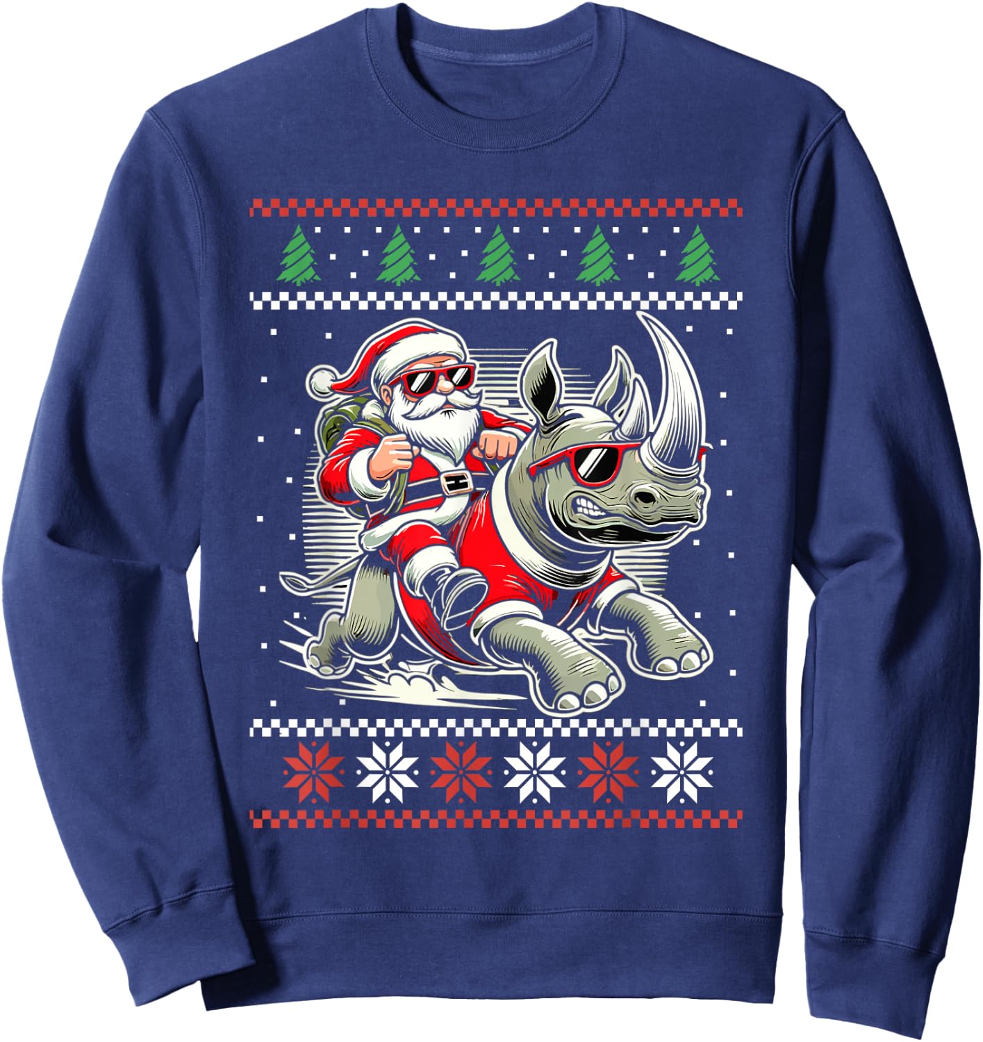 Santa Riding Rhinoceros Ugly Christmas Sweater Rhino Xmas Sweatshirt - Sweatshirt | Navy