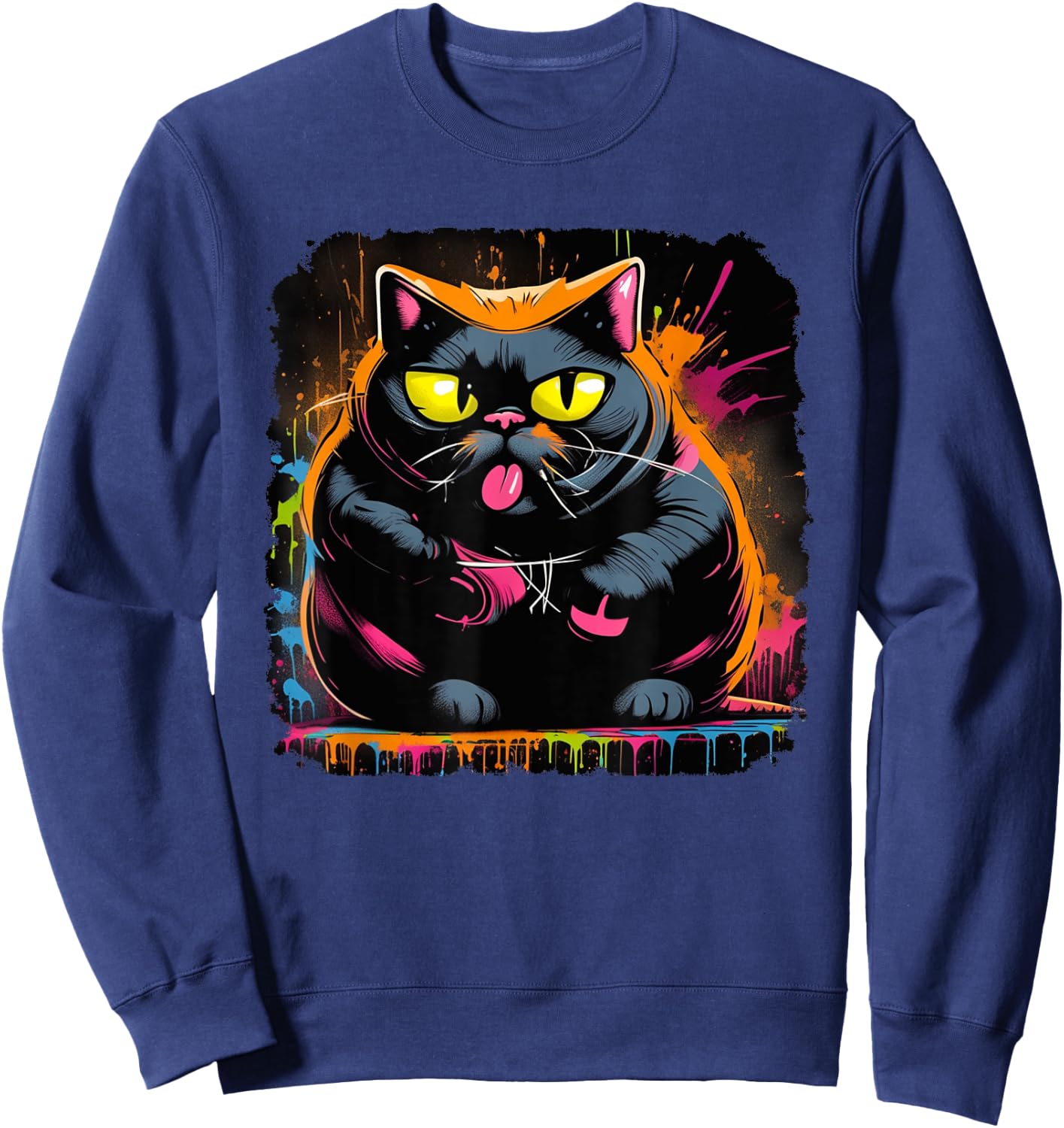 Psychedelic Trippy Blacklight Poster Cat Illustration , black Sweatshirt - Sweatshirt | Navy