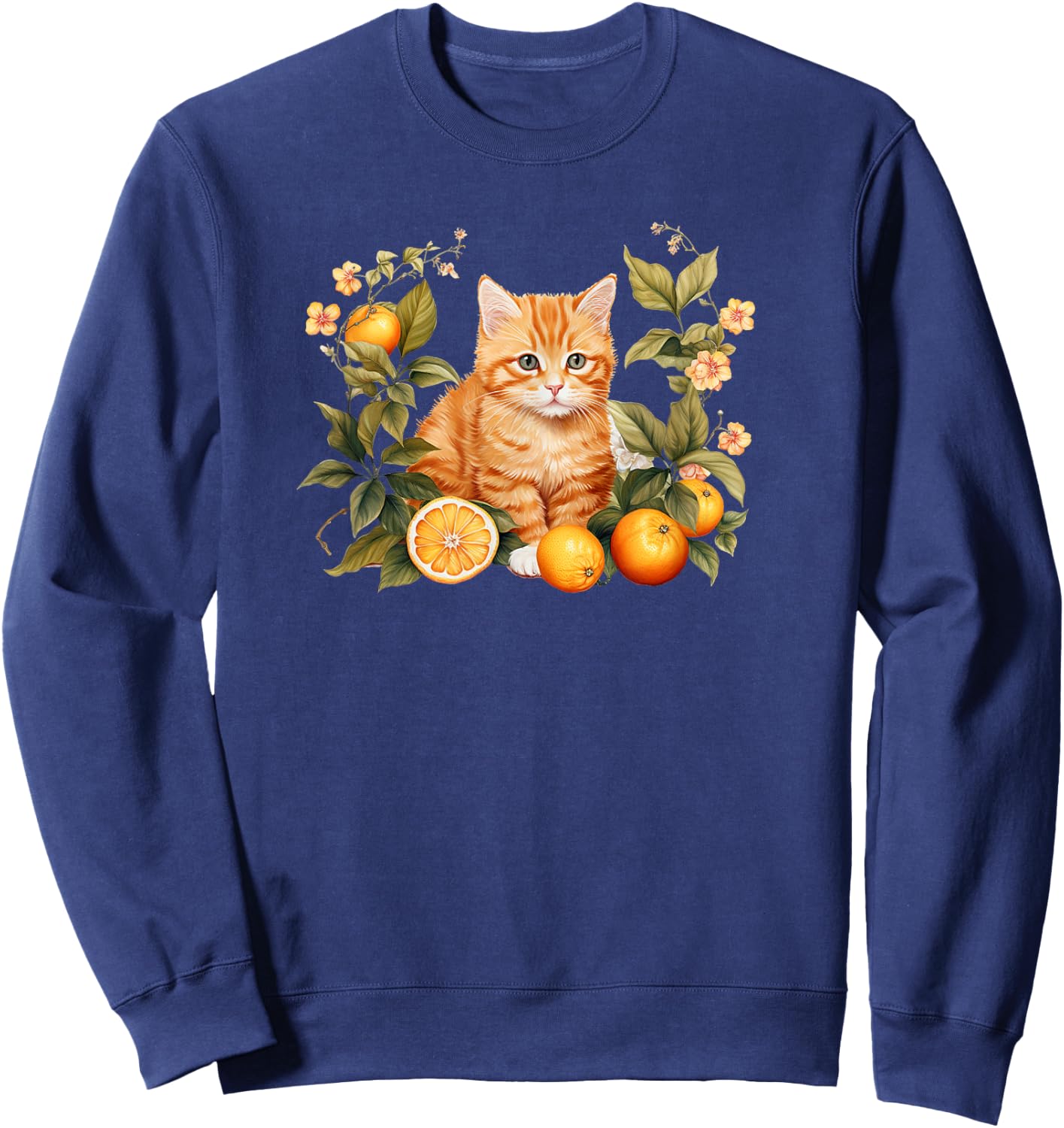 Girls Kids Flowers Orange Tabby Kitten Lover Sweatshirt - Sweatshirt | Navy
