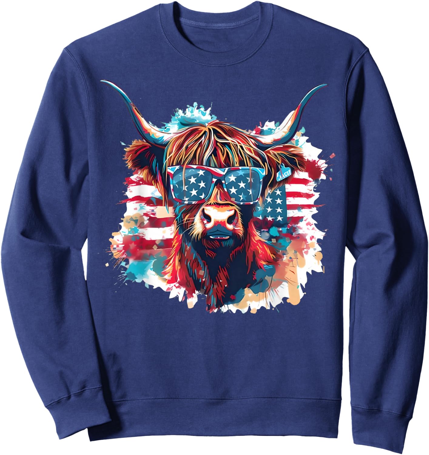 4th of July Highland Cow American Flag Funny Cows Lover Farm Sweatshirt - Sweatshirt | Navy