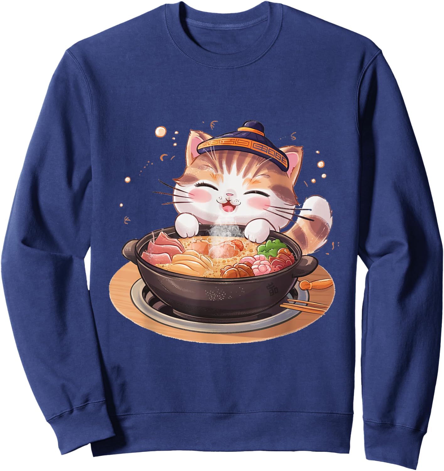 Kawaii Anime Cat Hot Pot Bowl Cute Feline Eats Chinese Food Men Women Kids Sweatshirt - Sweatshirt | Navy