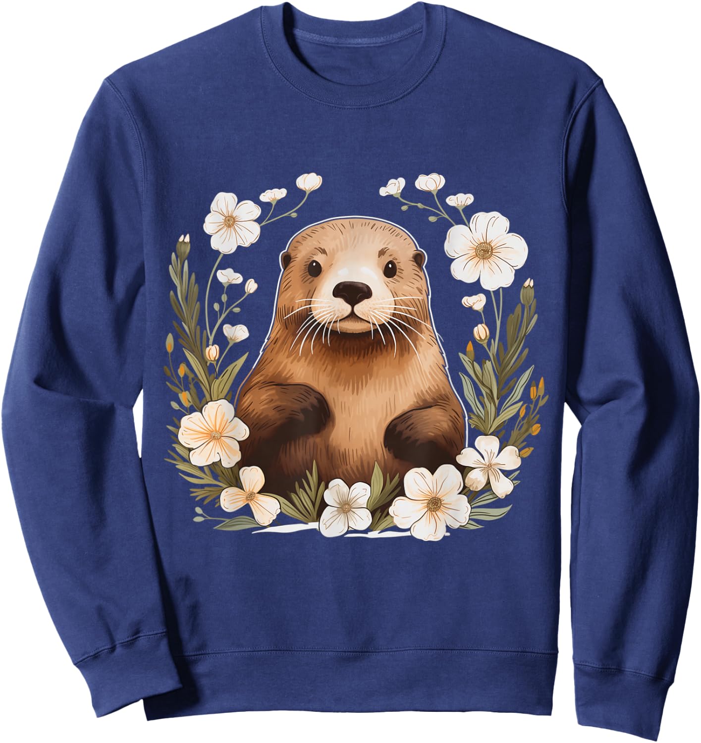 Otter Floral Artwork Vintage Flowers Cute Sea Otter Sweatshirt - Sweatshirt | Navy