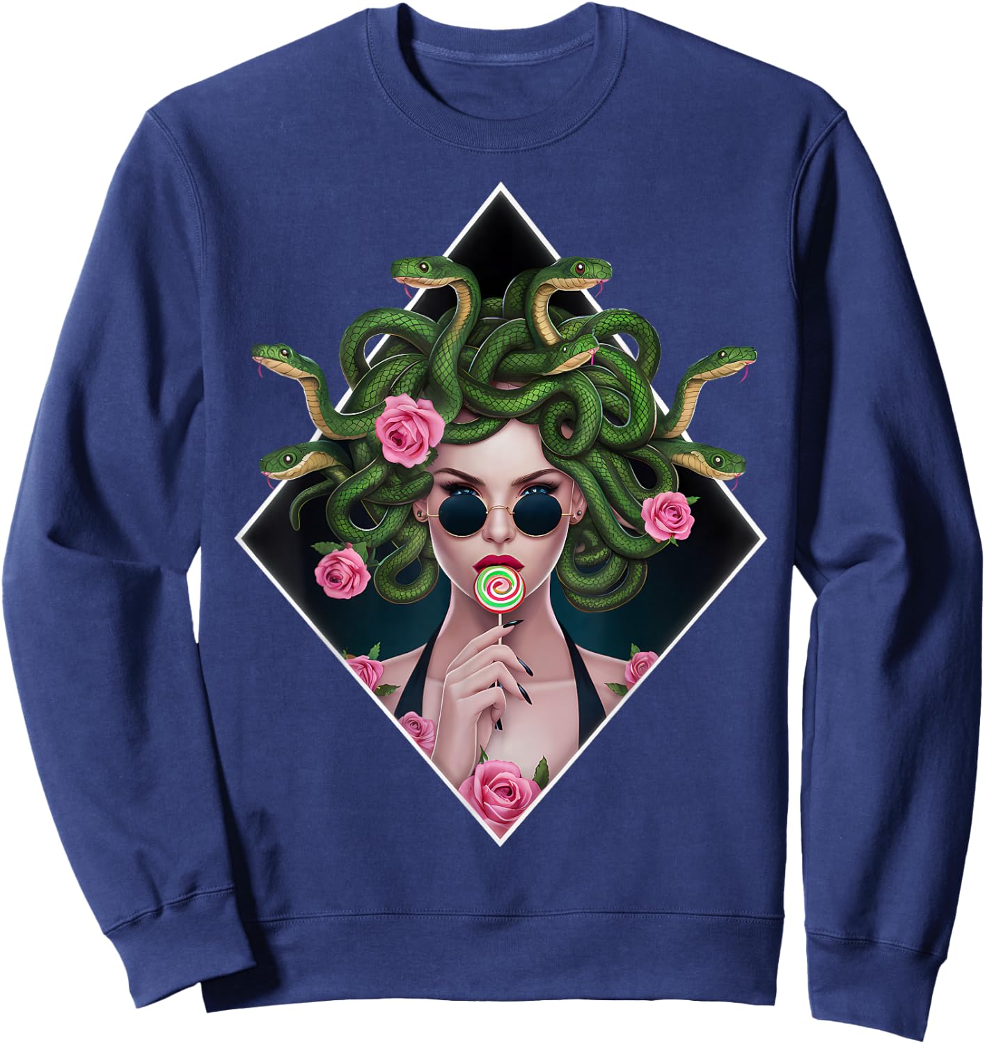 Medusa Snakes Roses Lollipop Floral Greek Mythology Sweatshirt - Sweatshirt | Navy