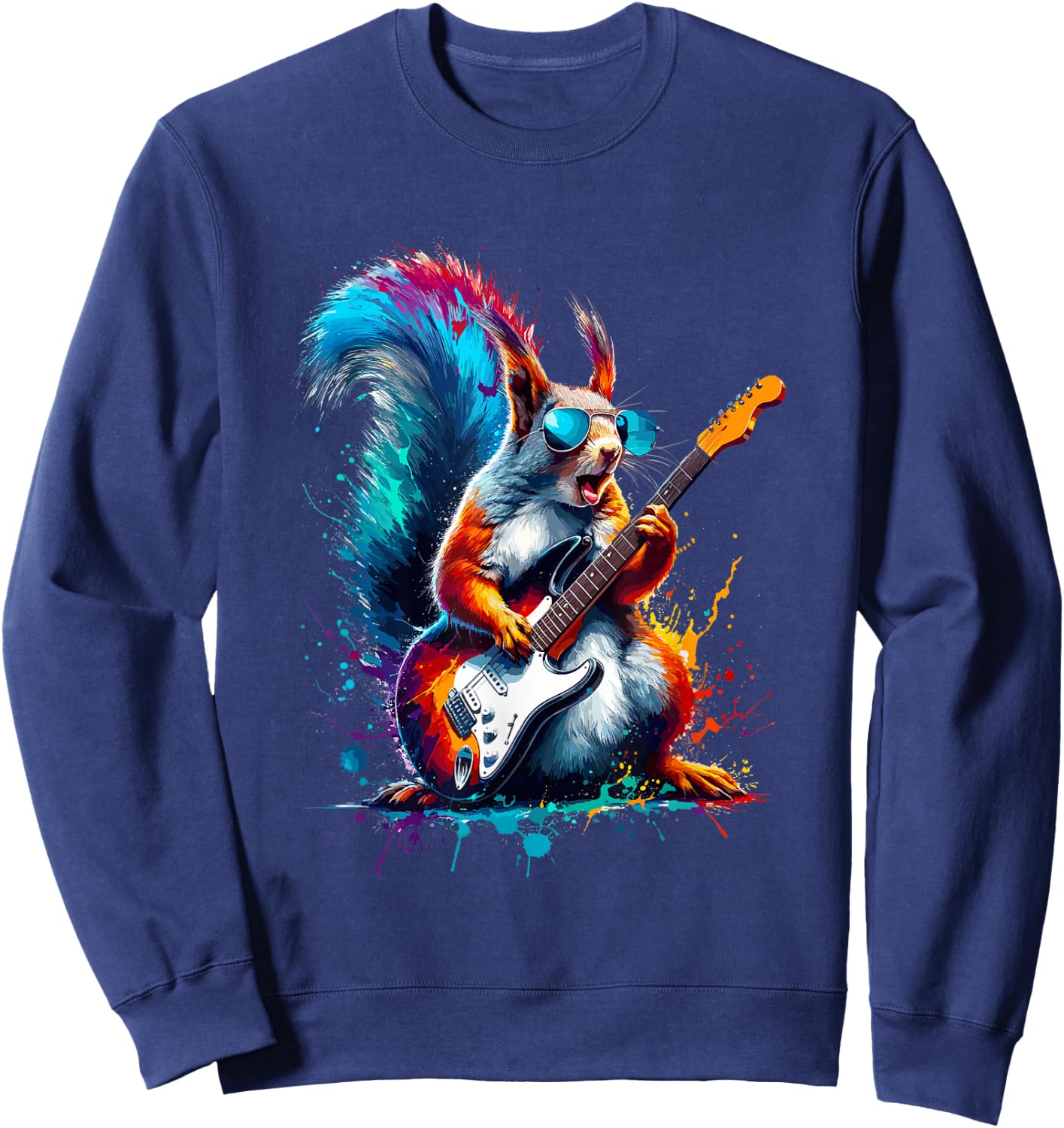 Colorful Splash Art Squirrel Guitarist Electric Guitar Sweatshirt - Sweatshirt | Navy