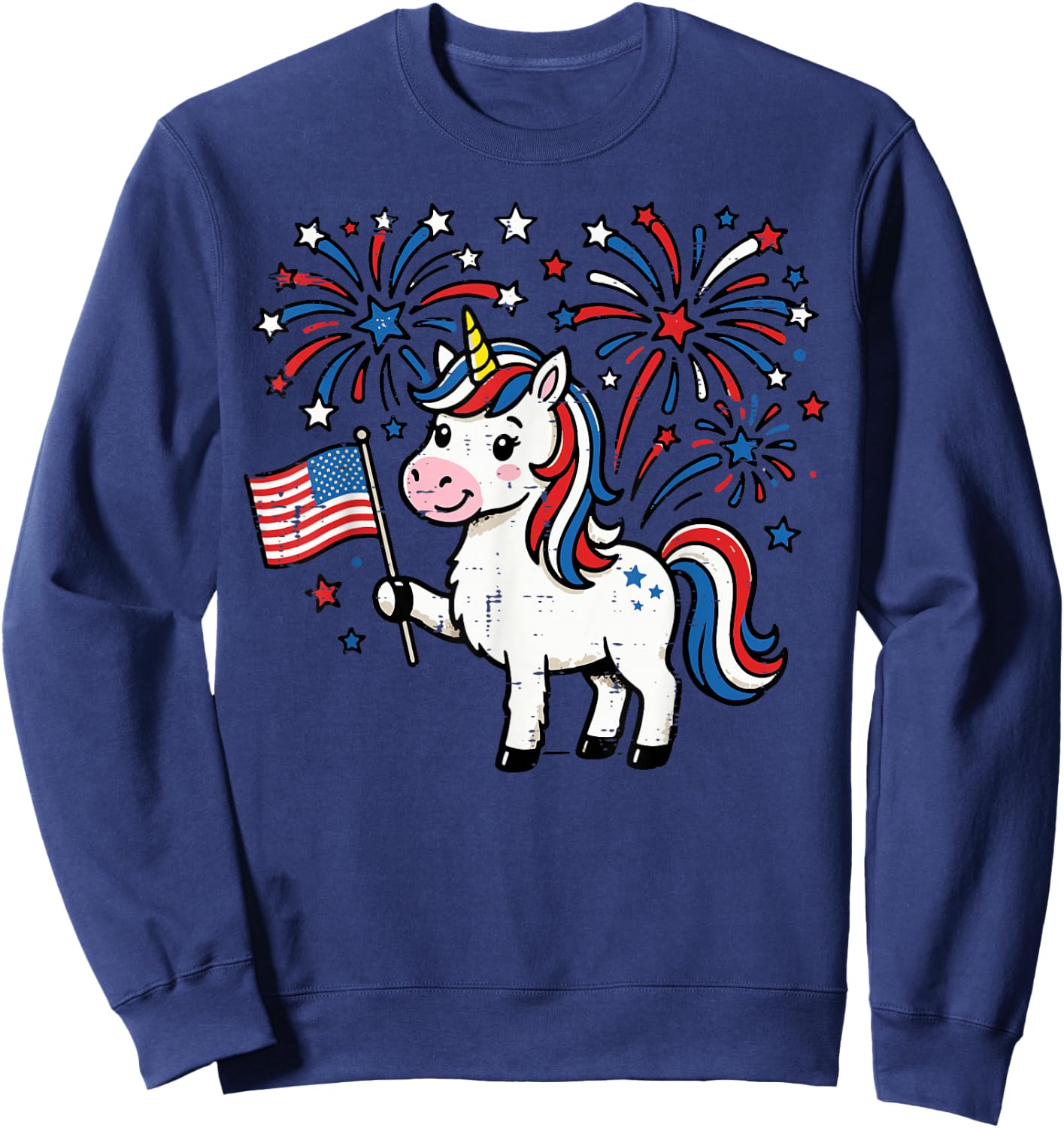 Patriotic Unicorn US Flag Fireworks 4th of July Girl Kids Sweatshirt - Sweatshirt | Navy