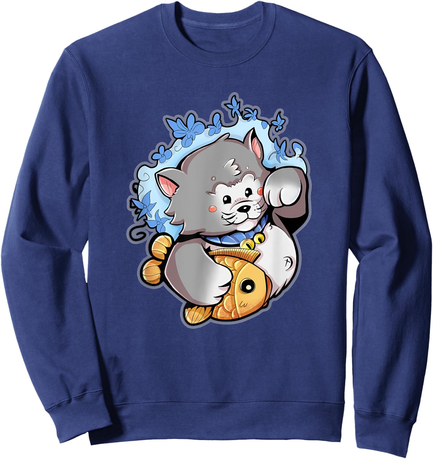 Lucky Gray Maneki-Neko Cat with a Taiyaki Sweatshirt - Sweatshirt | Navy