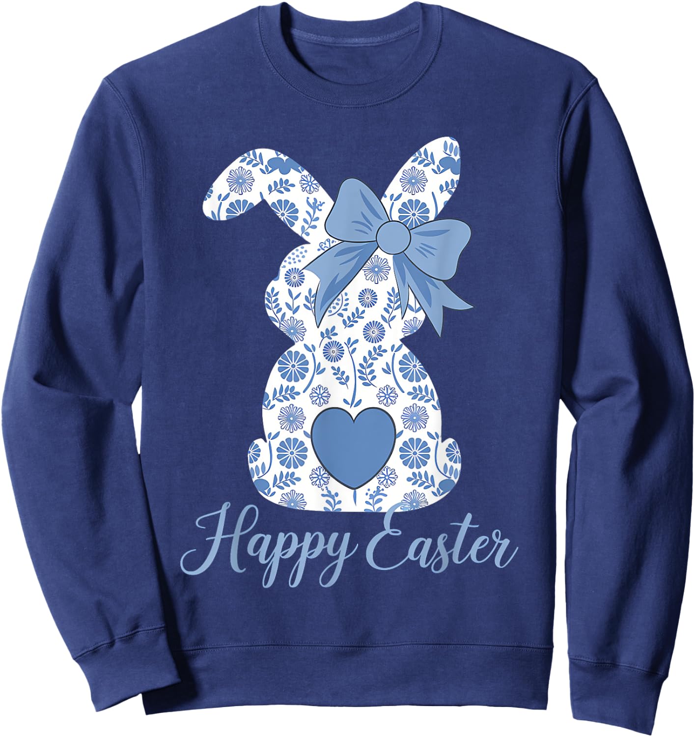 Easter Chinoiserie Floral Bunny With Cute Blue Bow Coquette Sweatshirt - Sweatshirt | Navy