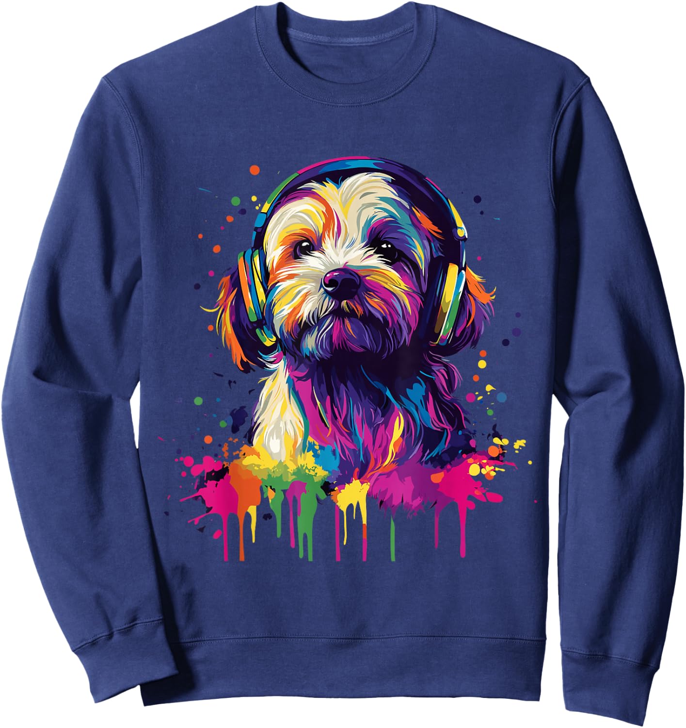 Havanese Lover Pop Art Wearing Headphones Funny Havanese , black Sweatshirt - Sweatshirt | Navy