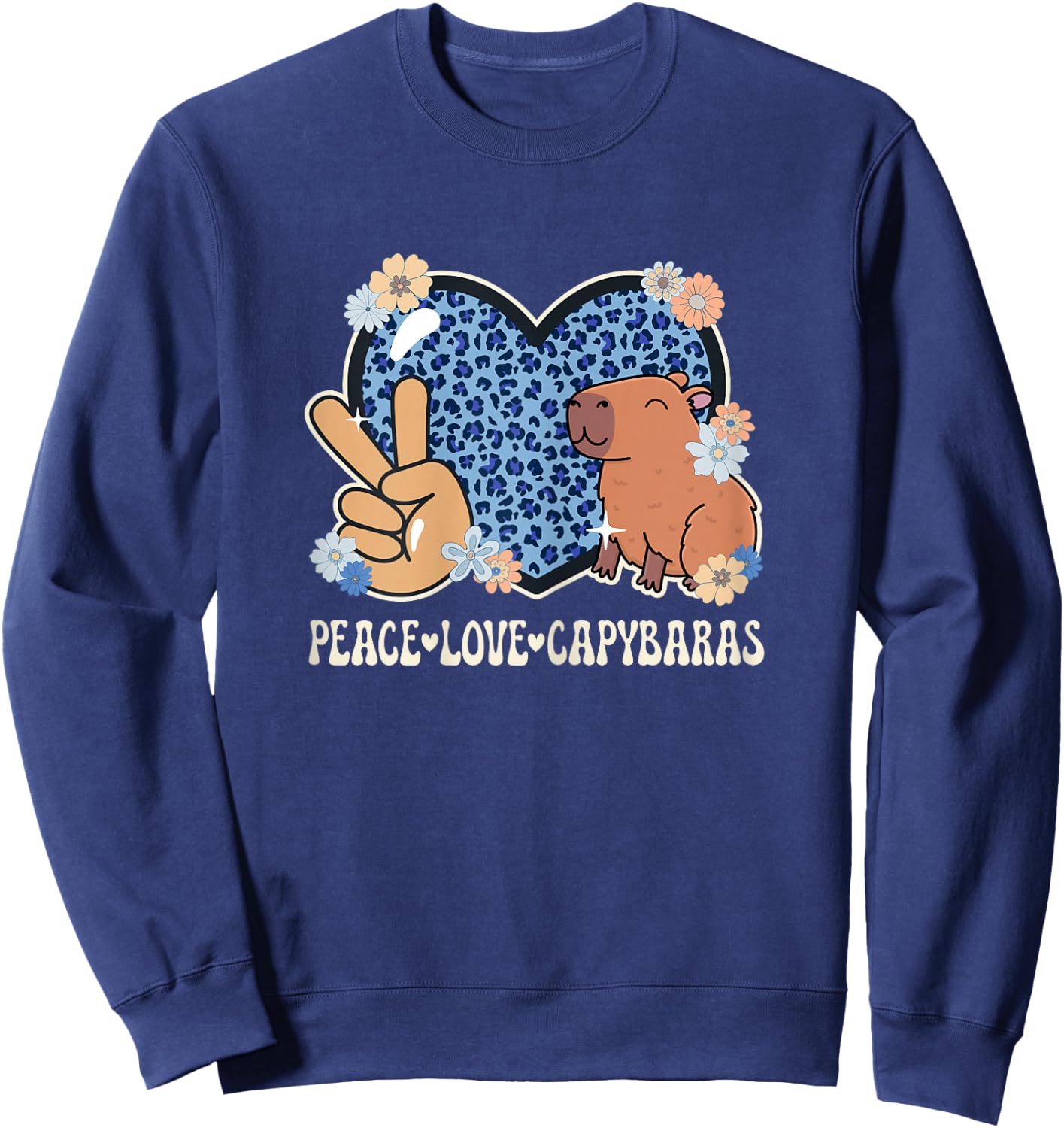 Peace Love Capybaras Leopard Print Women Cute Capybara Lover Sweatshirt - Sweatshirt | Navy