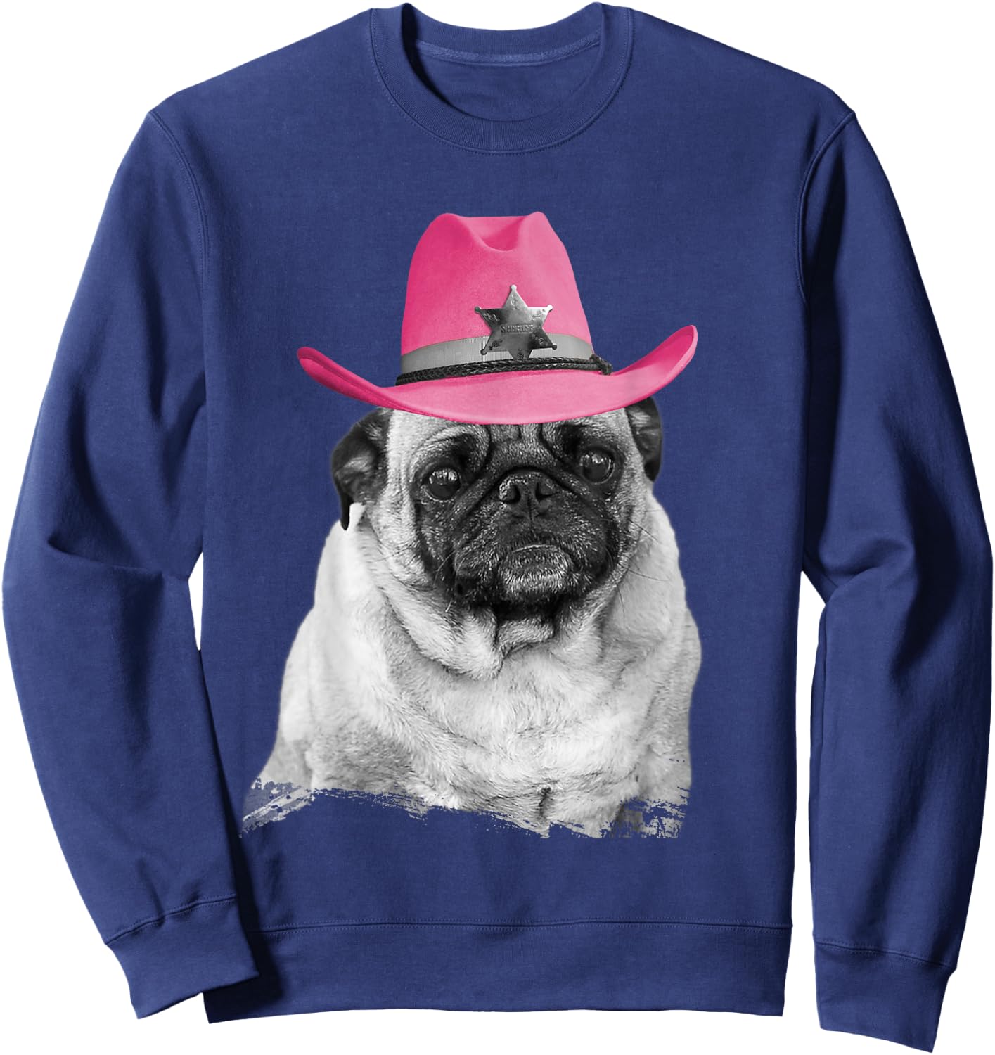 Dog Pug Wearing Pink Cowboy Hat Cowgirl Sweatshirt - Sweatshirt | Navy