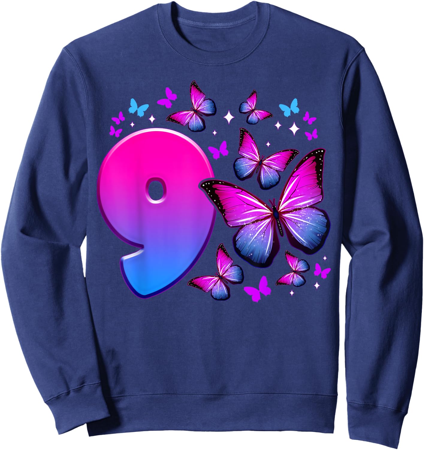 Birthday Girl 9 Years Old Butterfly Number 9 , black Sweatshirt - Sweatshirt | Navy