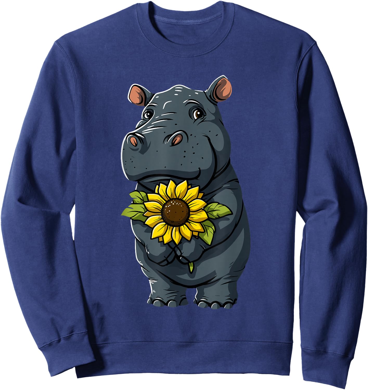 Hippo Holding Sunflower Cute Hippopotamus Mothers Day Sweatshirt - Sweatshirt | Navy