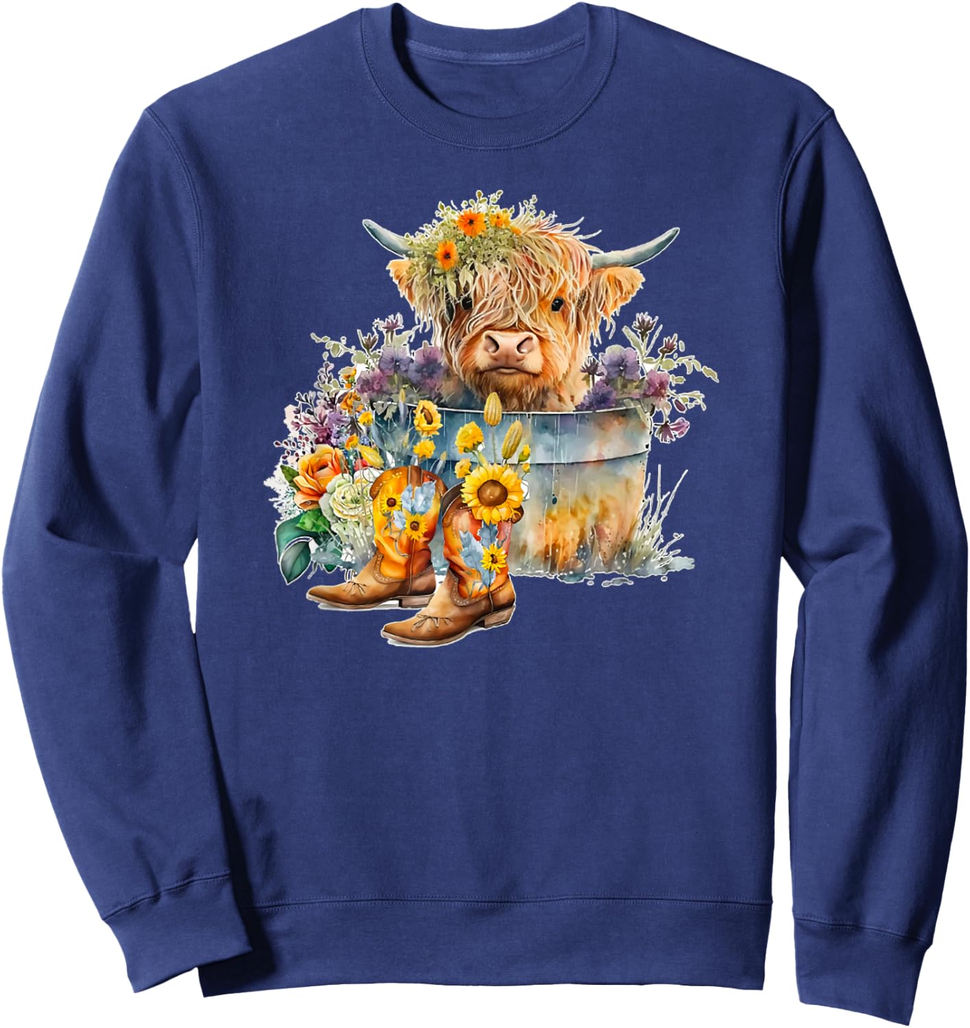 Scottish Highland Cow Cattle Farm Hairy Cowgirl Flower Woman Sweatshirt - Sweatshirt | Navy
