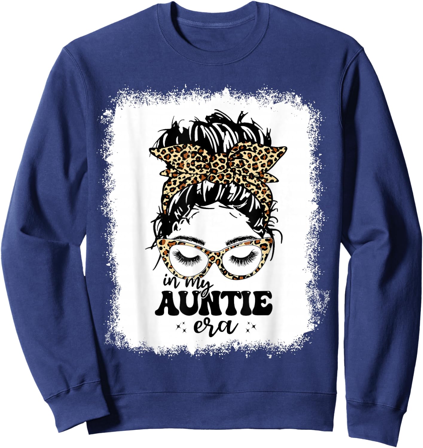 Leopard Messy Bun In My Auntie Era Bleached Sweatshirt - Sweatshirt | Navy