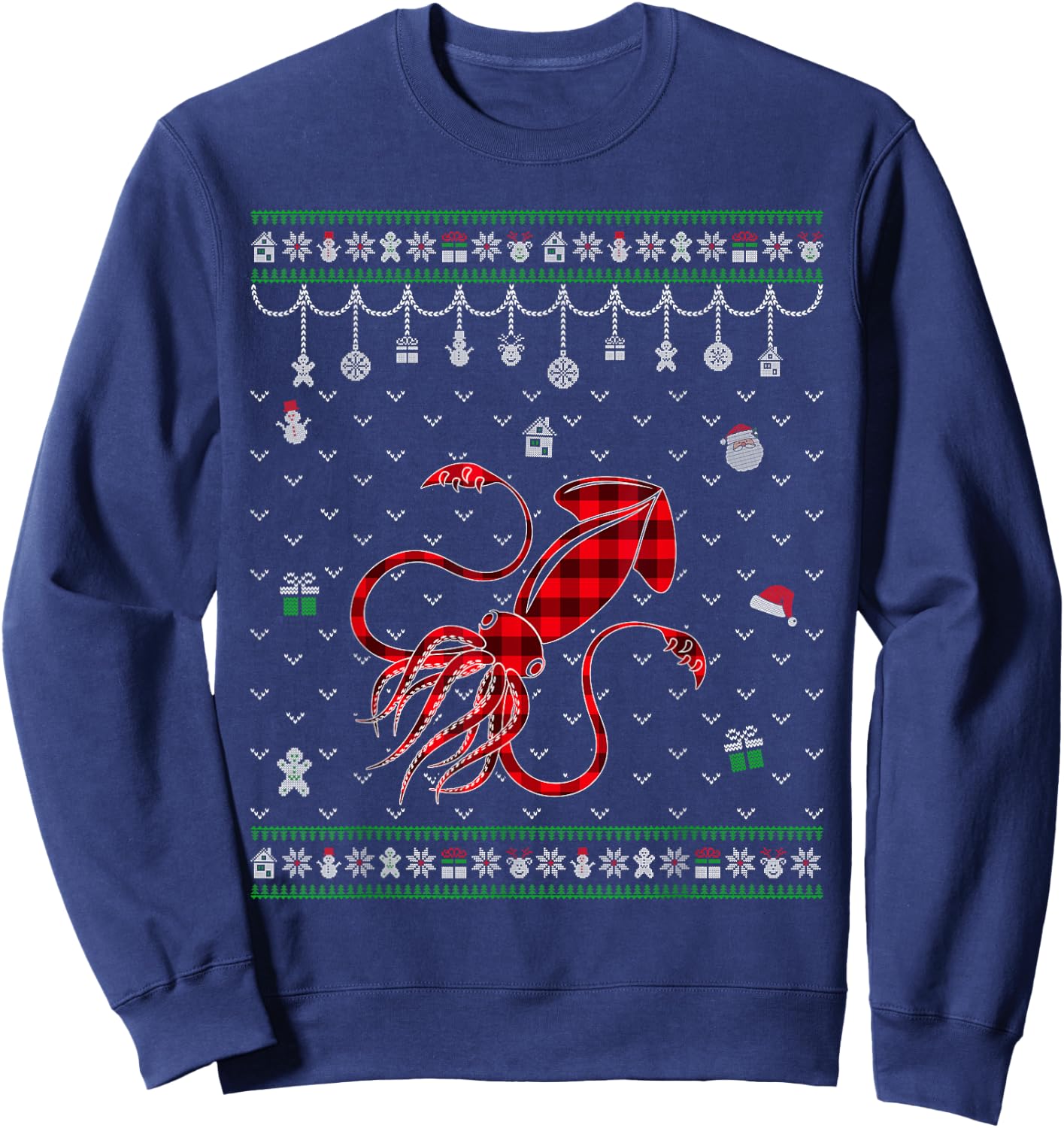 Red Plaid Squid Lover Funny Ugly Christmas Sweater Sweatshirt - Sweatshirt | Navy