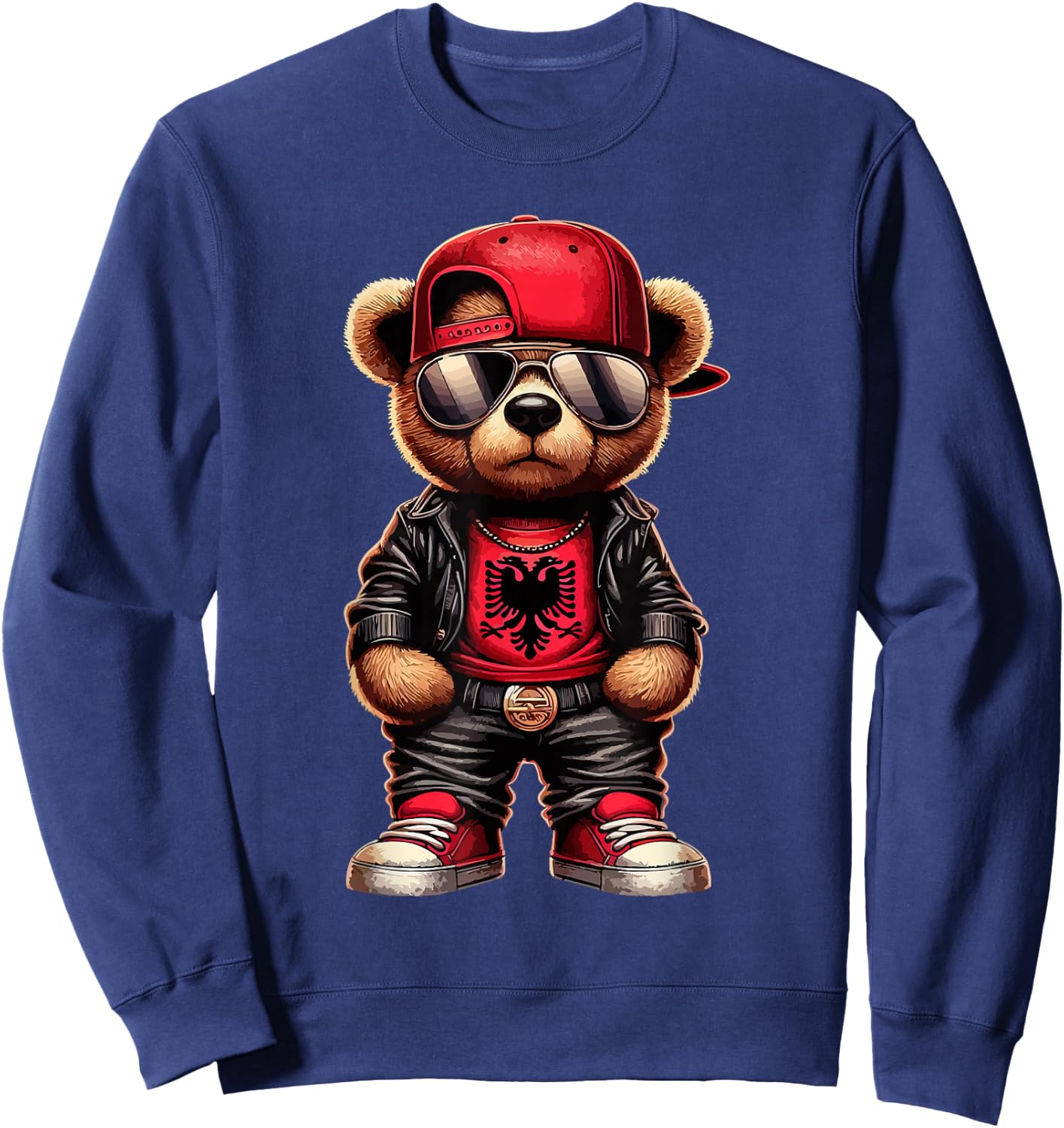 Cool Albanian Teddy Bear Albania Flag Outfit Street , black Sweatshirt - Sweatshirt | Navy