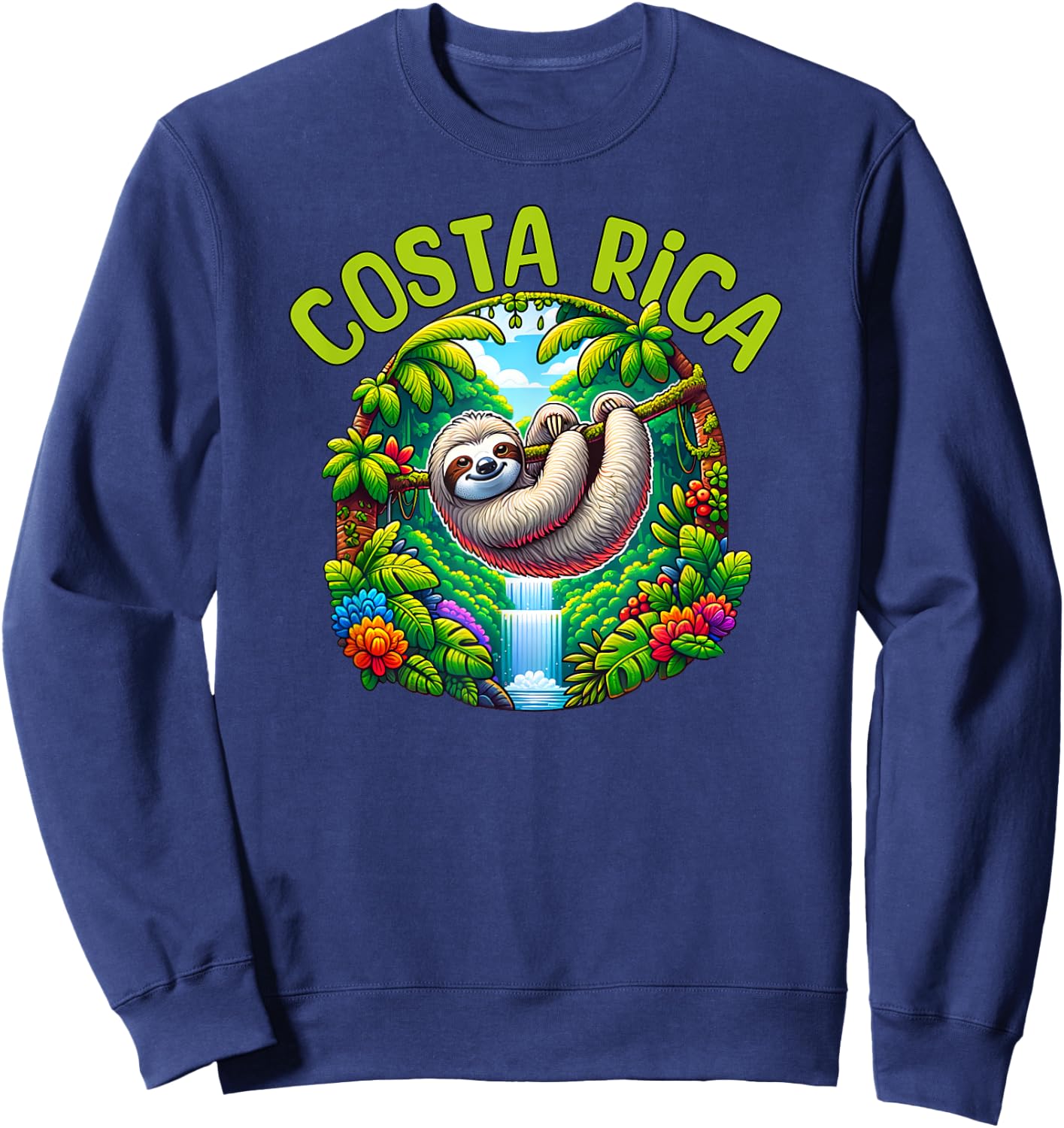 Costa Rica Sloth - Tropical Rainforest Waterfall Travel Fun Sweatshirt - Sweatshirt | Navy