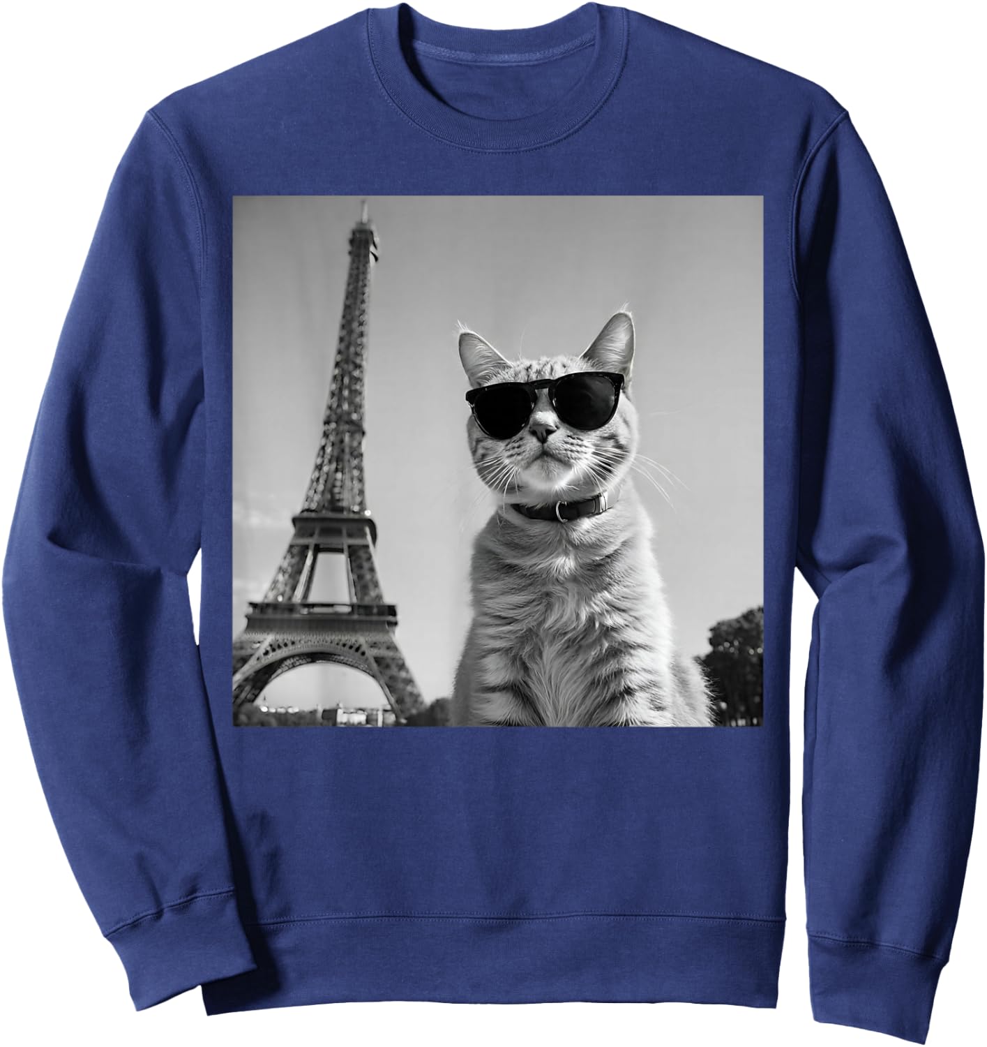 Funny French Cat with Sunglasses and Paris Eiffel Tower , black Sweatshirt - Sweatshirt | Navy
