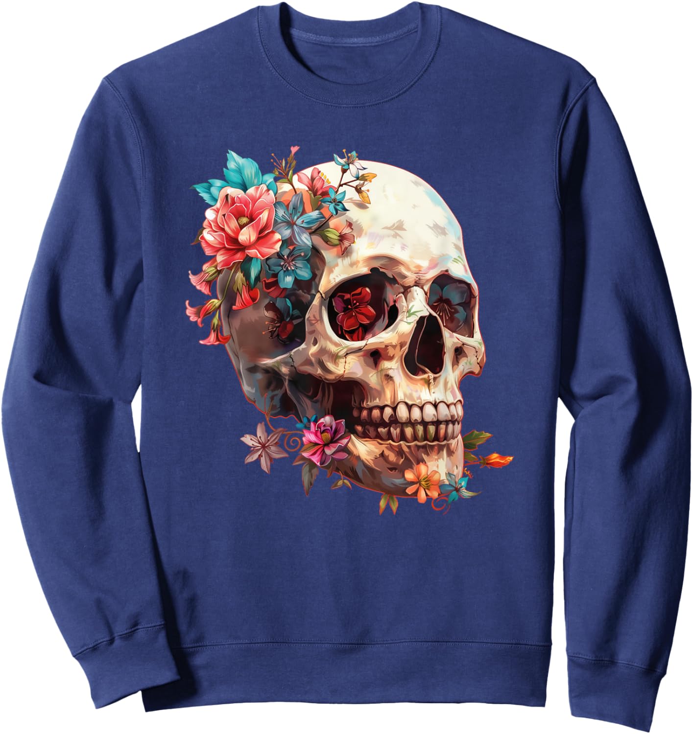 Floral Sugar Skull Rose Flowers Mycologist Gothic Goth Sweatshirt - Sweatshirt | Navy