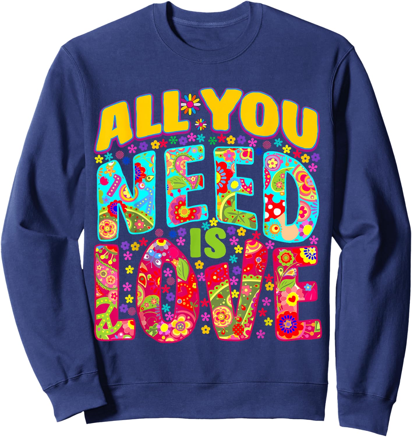 Hippie Flower Power Bohemian Peace Love Retro 60s 70s Groovy , Black, S Sweatshirt - Sweatshirt | Navy