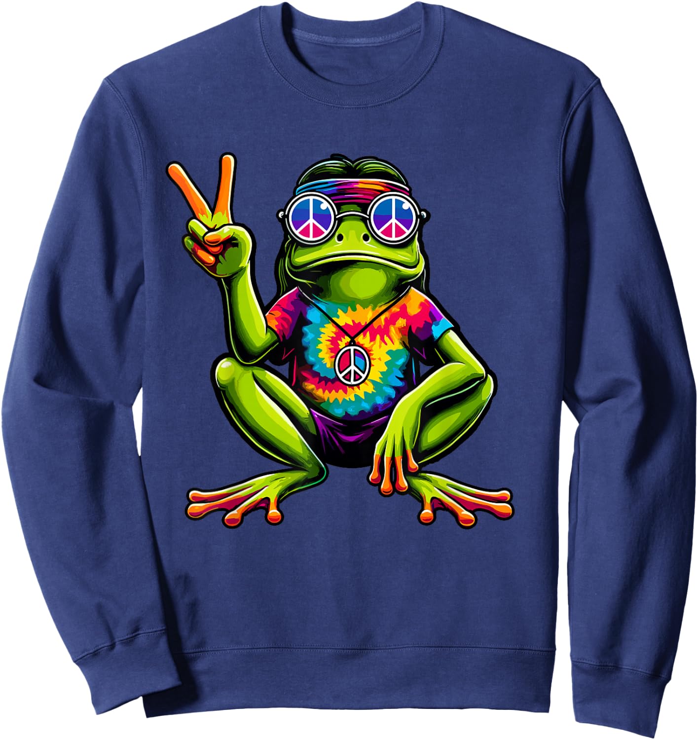 Tie-Dye Hippie Frog, Peace Sign, 60s Party & 70s Costume Sweatshirt - Sweatshirt | Navy