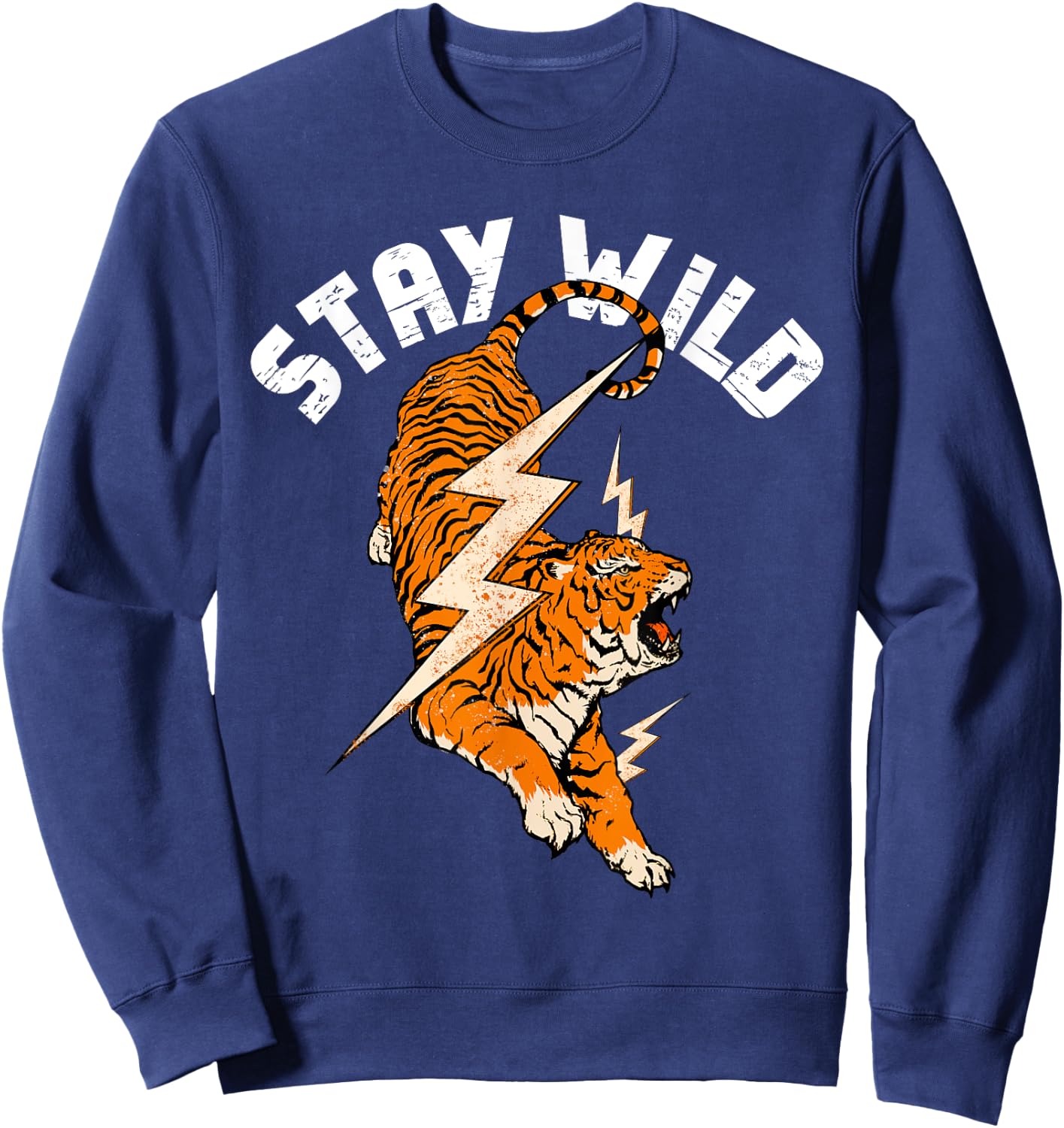 Stay Wild Tiger Cool Tiger & Lightning Bolt Retro Distressed Sweatshirt - Sweatshirt | Navy