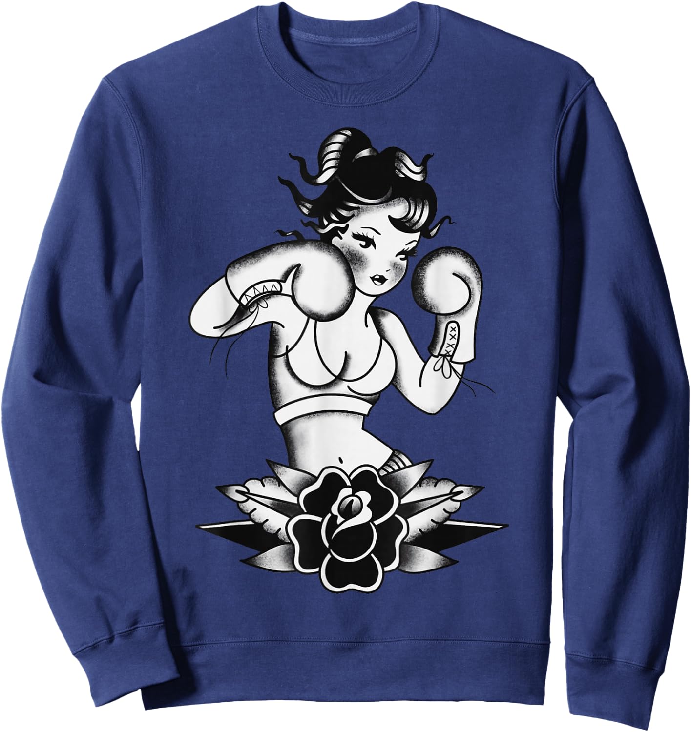 Traditional Boxer Girl Pin-Up Pretty Girl Blackwork Sweatshirt - Sweatshirt | Navy