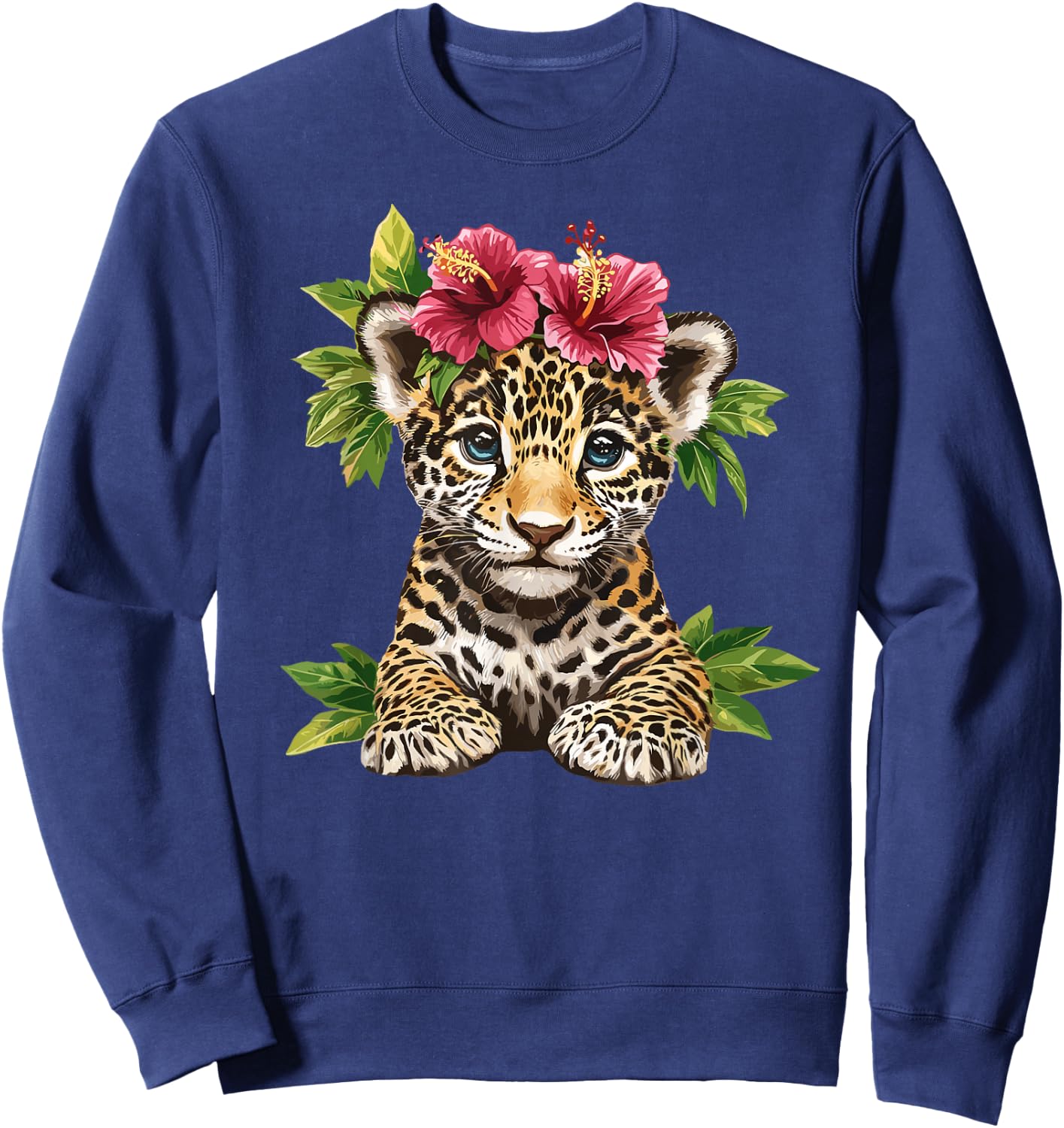 Leopard Cub with Hibiscus and Leaves Sweatshirt - Sweatshirt | Navy