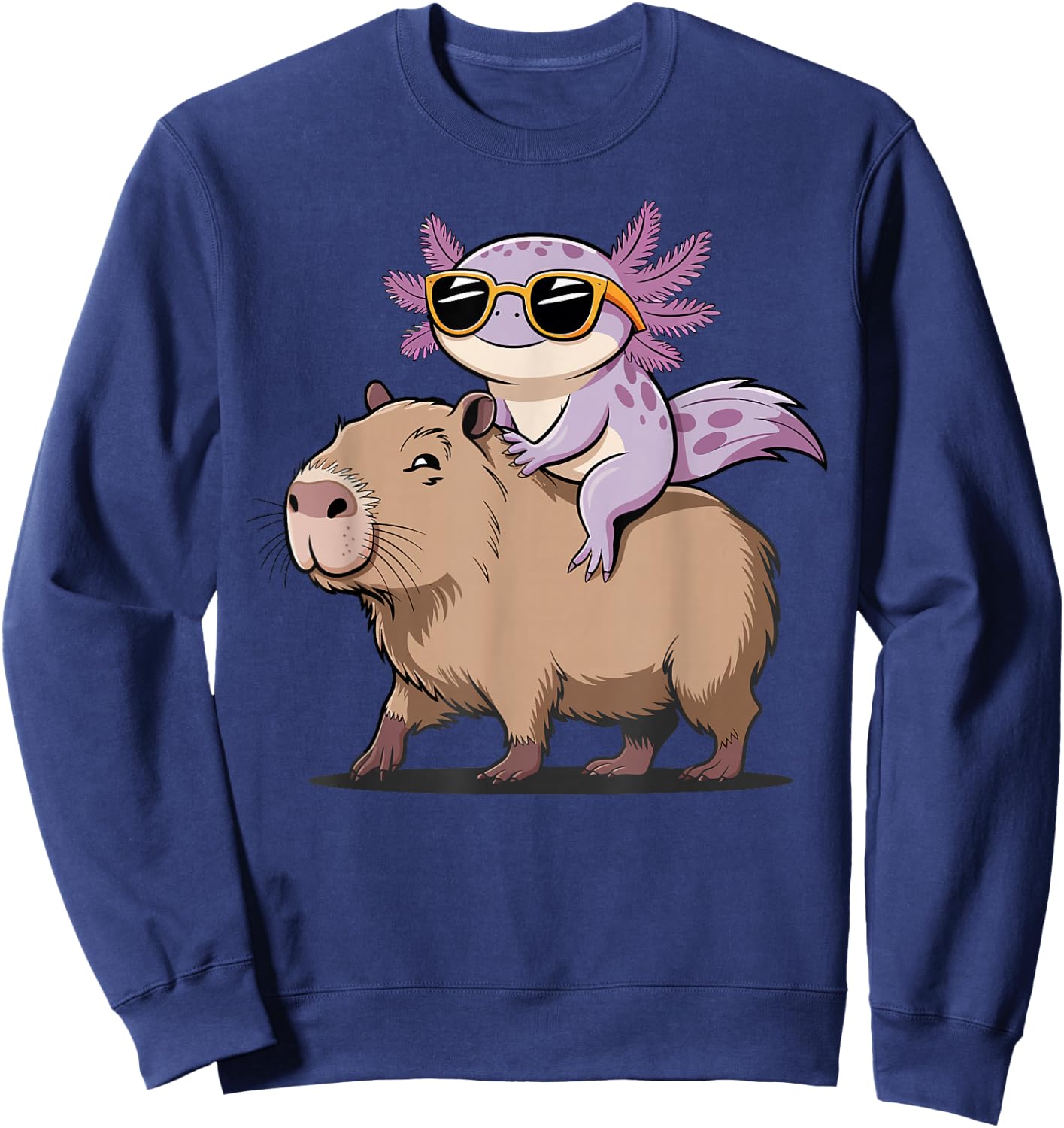 Funny Axolotl Graphic Cute Axolotl Riding A Capybara Sweatshirt - Sweatshirt | Navy