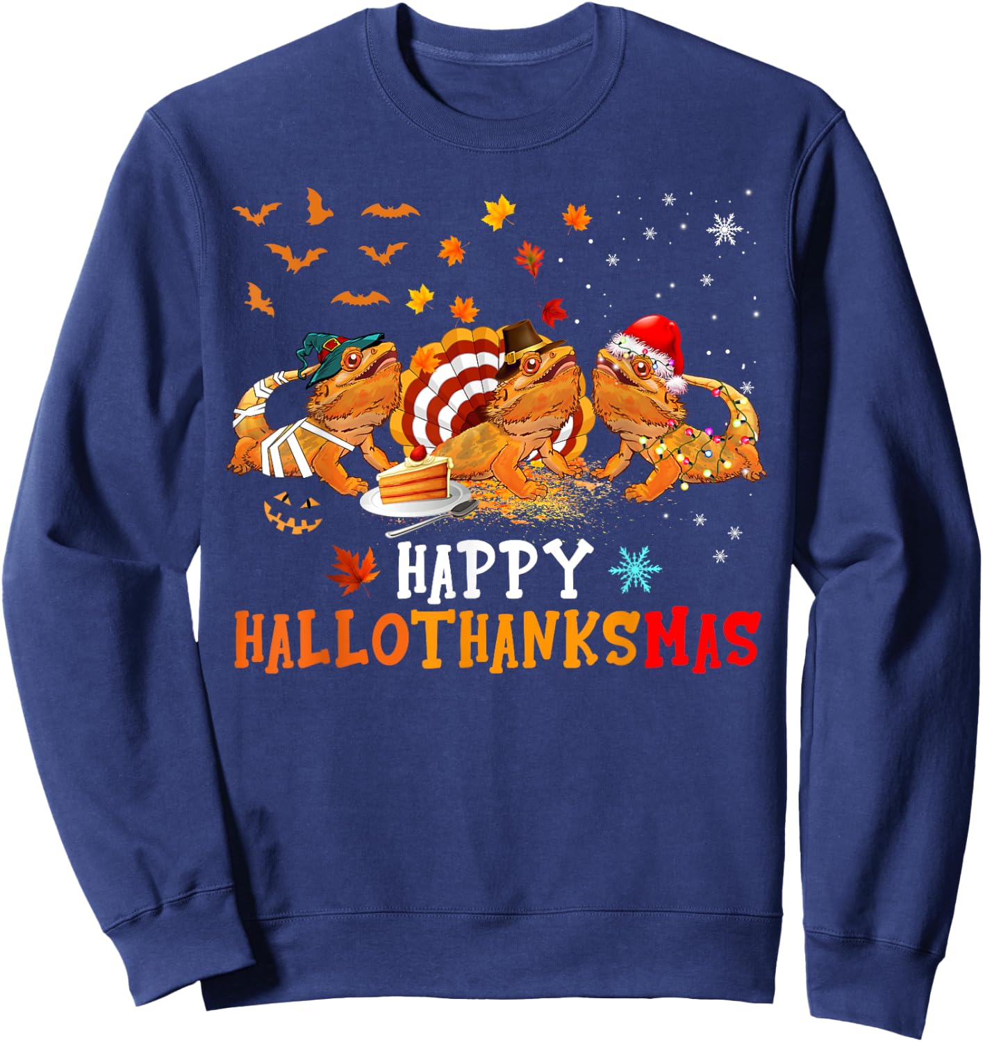 Happy HalloThanksMas Cute Santa Witch Turkey Bearded Dragon Sweatshirt - Sweatshirt | Navy