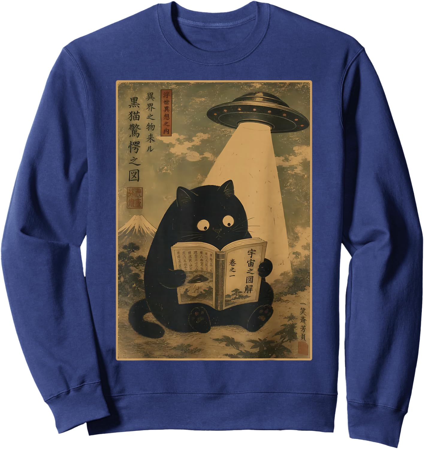 Vintage Japanese Cat Reading Book UFO Alien Abduction Cat Sweatshirt - Sweatshirt | Navy